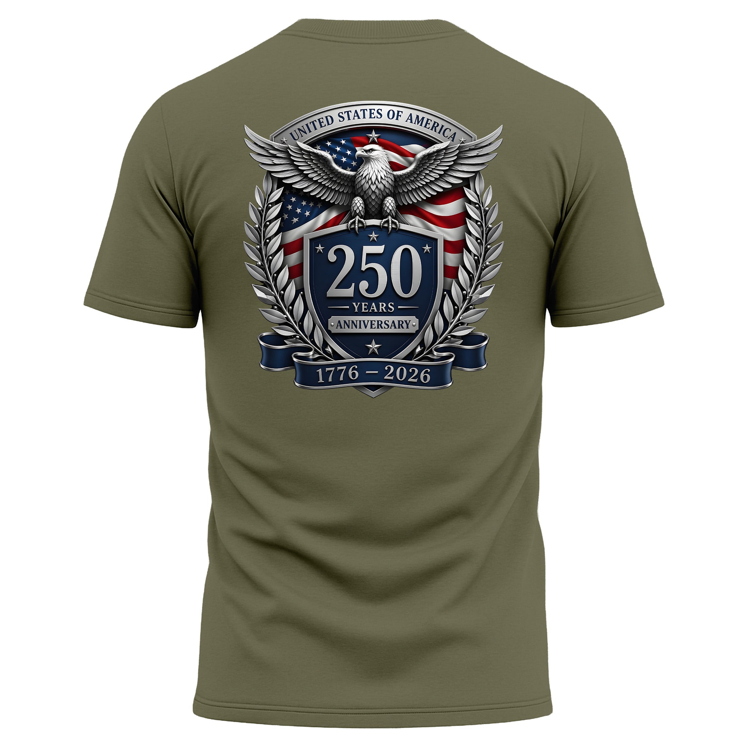 America 250th birthday performance T-shirt with American flag back print. America's 250th anniversary tee. USA 250 Years patriotic T-shirt.