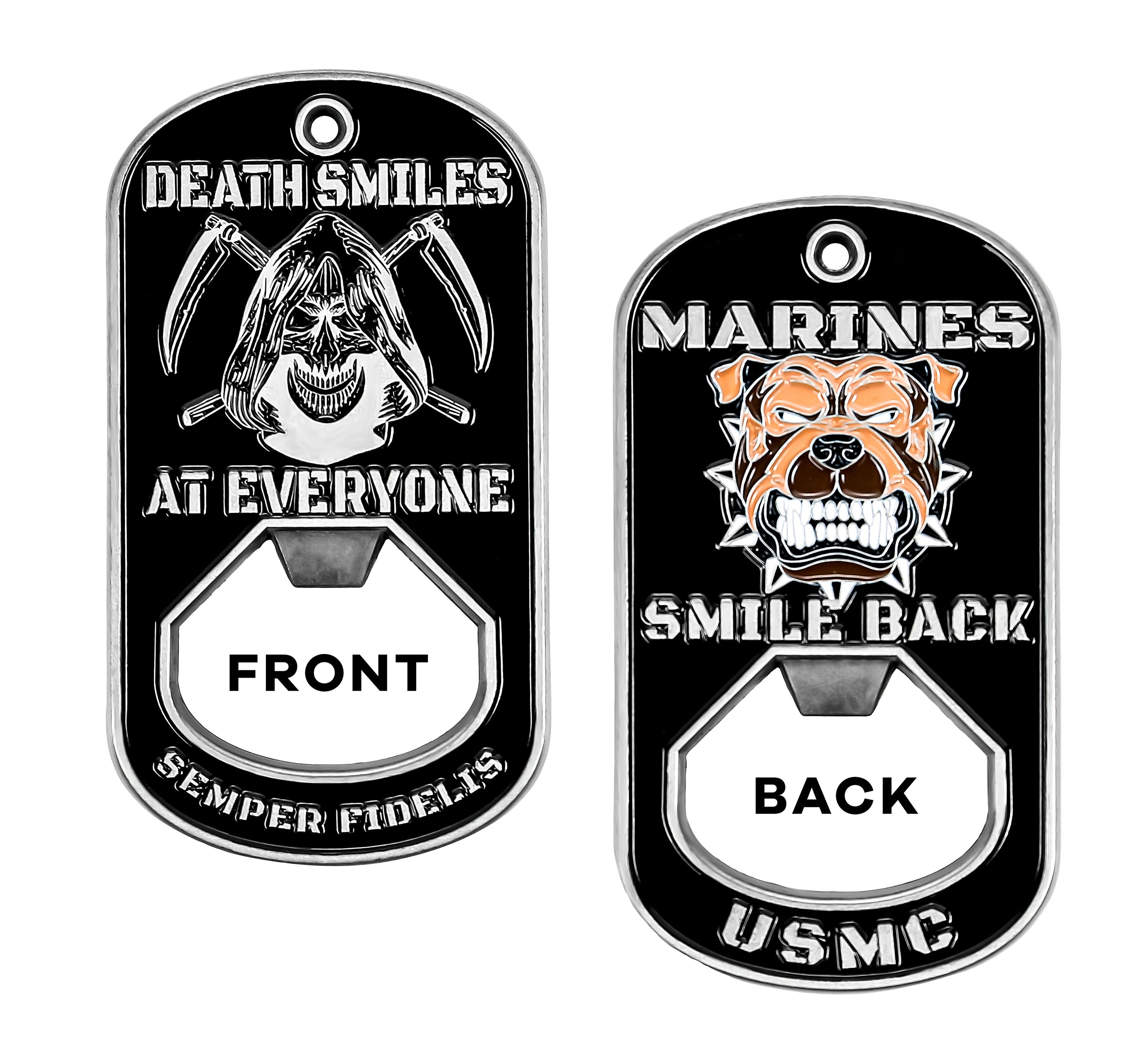 Death Smiles Dog Tag Bottle Opener- Marine Corps Challenge Coin