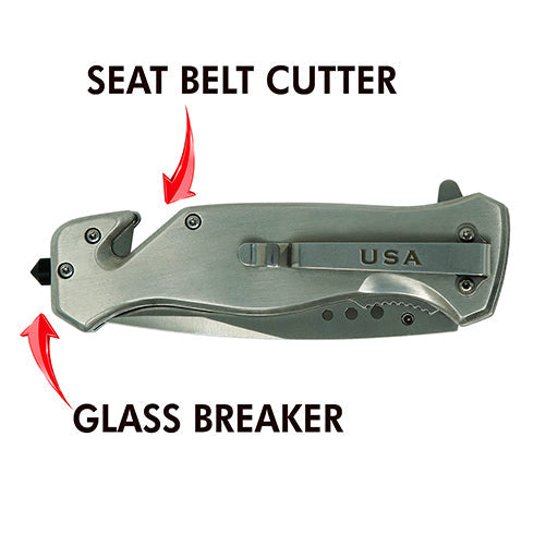 Silver US Flag Tactical Rescue Knife, Seat Belt Cutter, Glass Breaker