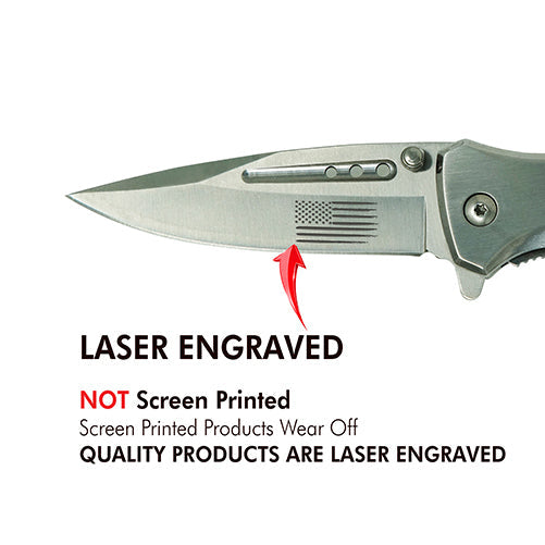 Silver Laser Engraved US Flag Tactical Rescue Knife