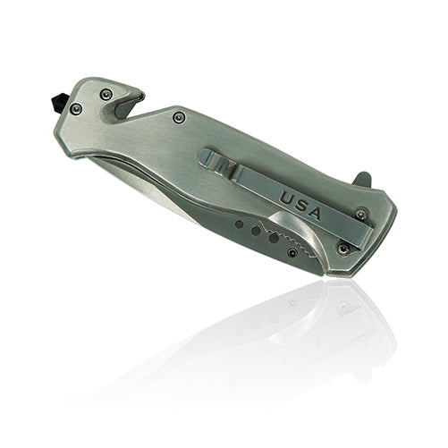 Silver Laser Engraved US Flag Tactical Rescue Knife