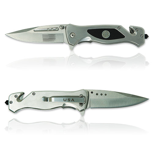 Silver Laser Engraved US Flag Tactical Rescue Knife
