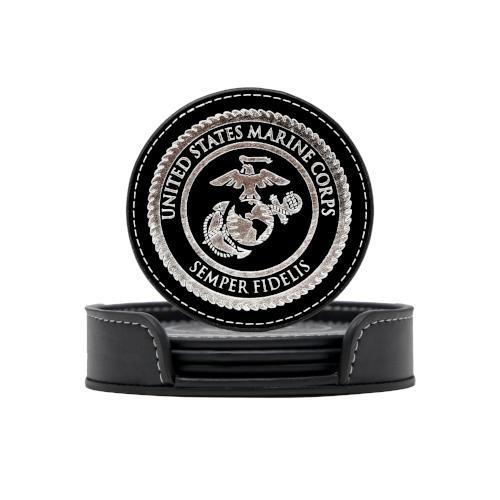 Leather Metallic Embossed USMC Coasters