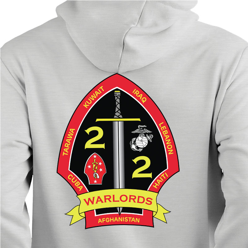 2nd Bn 2nd Marines USMC Unit hoodie, 2dBn 2d Marines logo sweatshirt, USMC gift ideas, Marine Corp gifts women or men, USMC unit logo gear, USMC unit logo sweatshirts gray