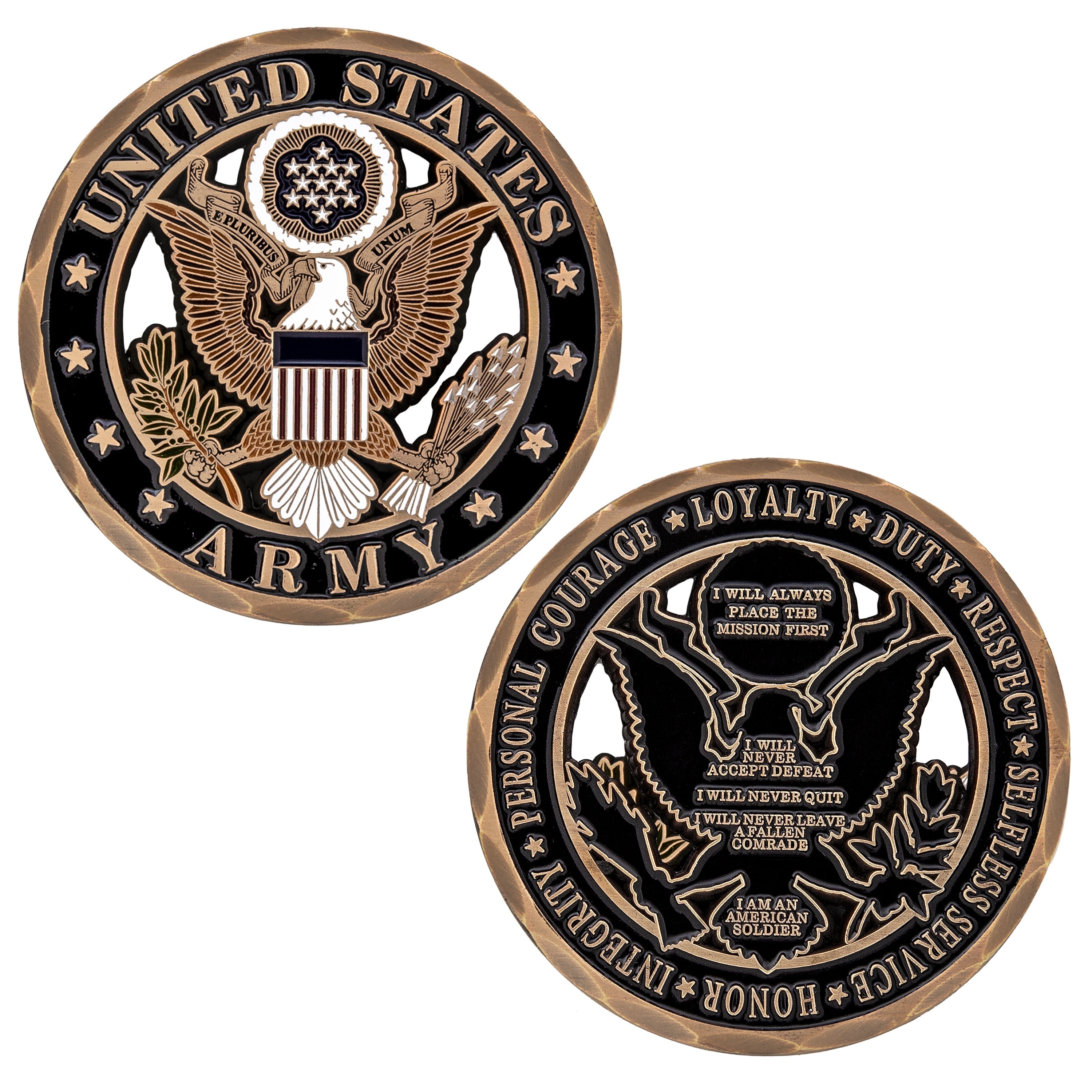 United States Army challenge coin with military emblems and text related to Army values and the Soldier's Creed.