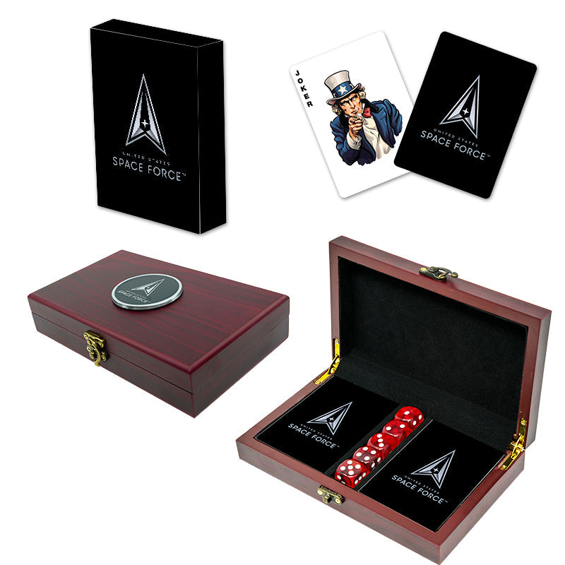 Space Force Playing Cards With Dice Wooden Gift Set