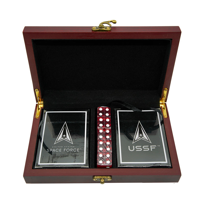 Space Force Playing Cards With Dice Wooden Gift Set