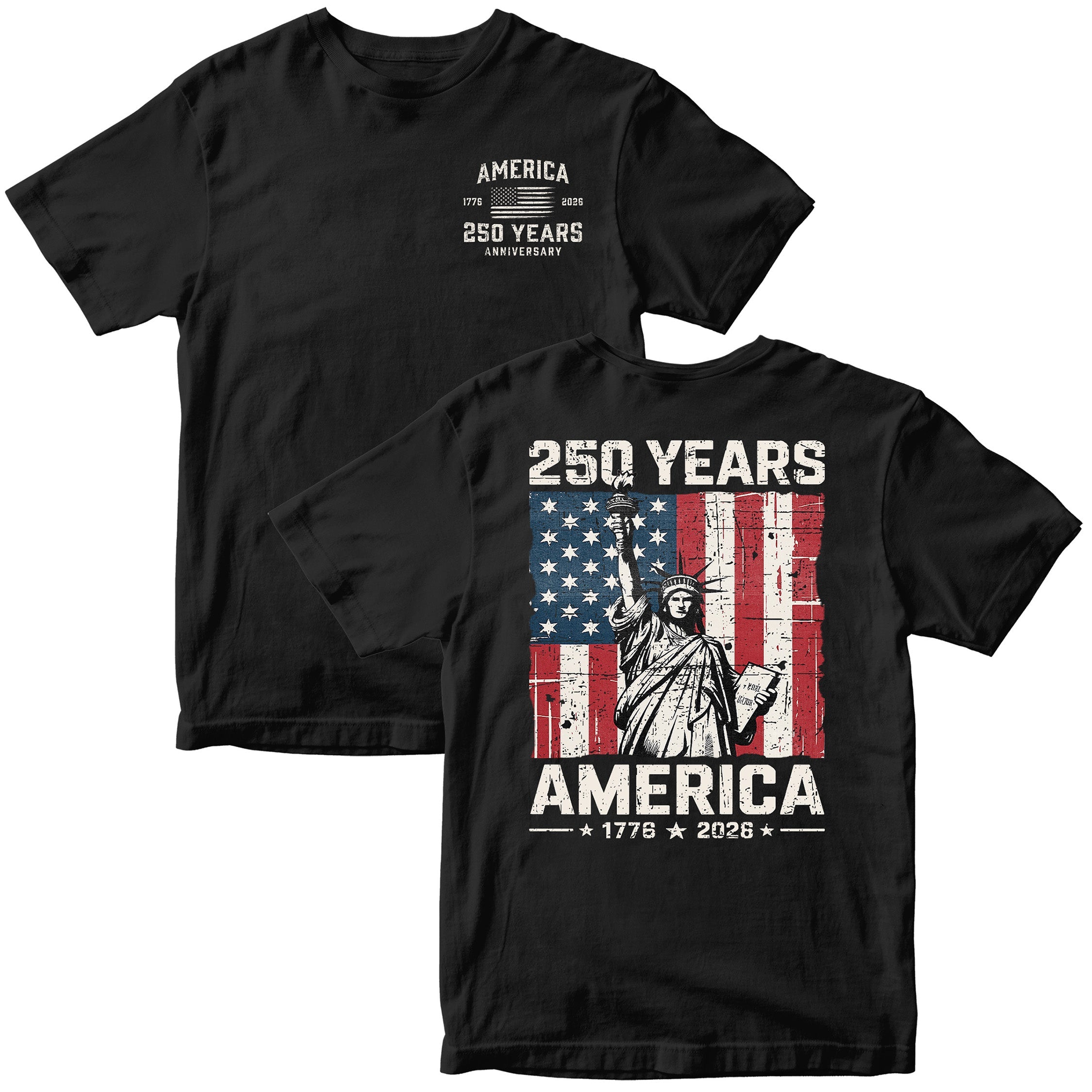 America 250th anniversary patriotic T-shirt with Lady Liberty and American flag. USA 250th Birthday Tee 1776-2026.