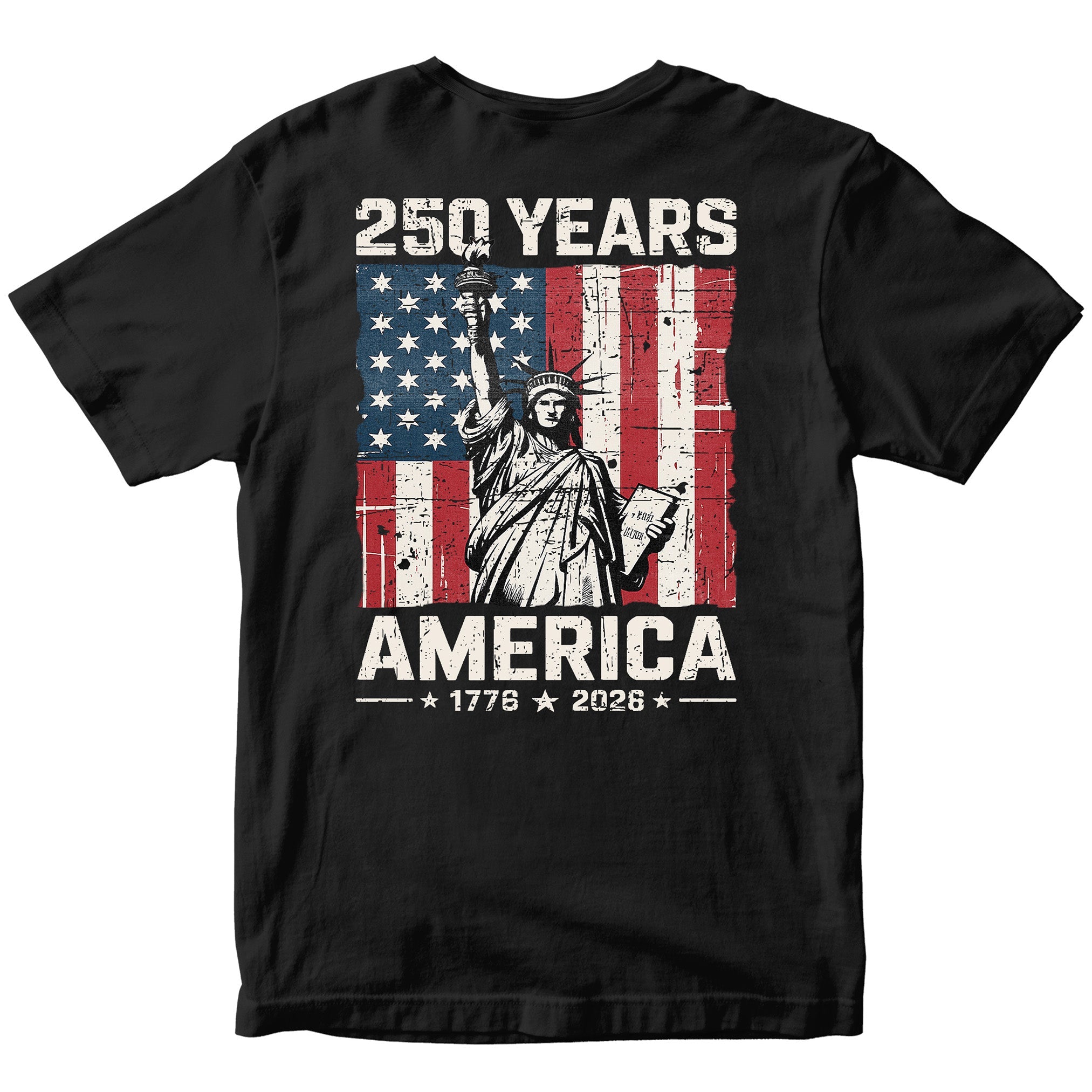 America 250th anniversary patriotic T-shirt with Lady Liberty and American flag. USA 250th Birthday Tee 1776-2026.