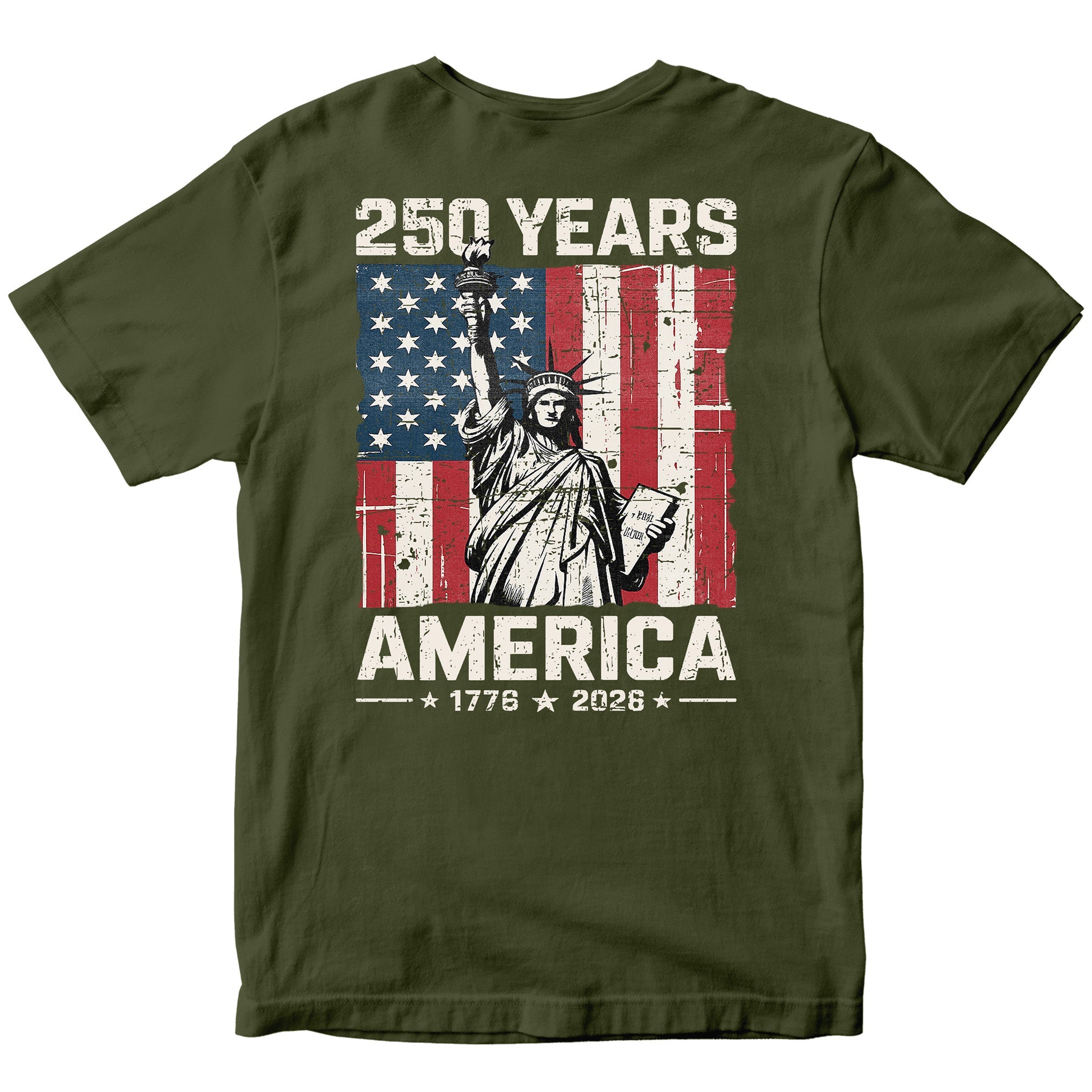 America 250th anniversary patriotic T-shirt with Lady Liberty and American flag. USA 250th Birthday Tee 1776-2026.