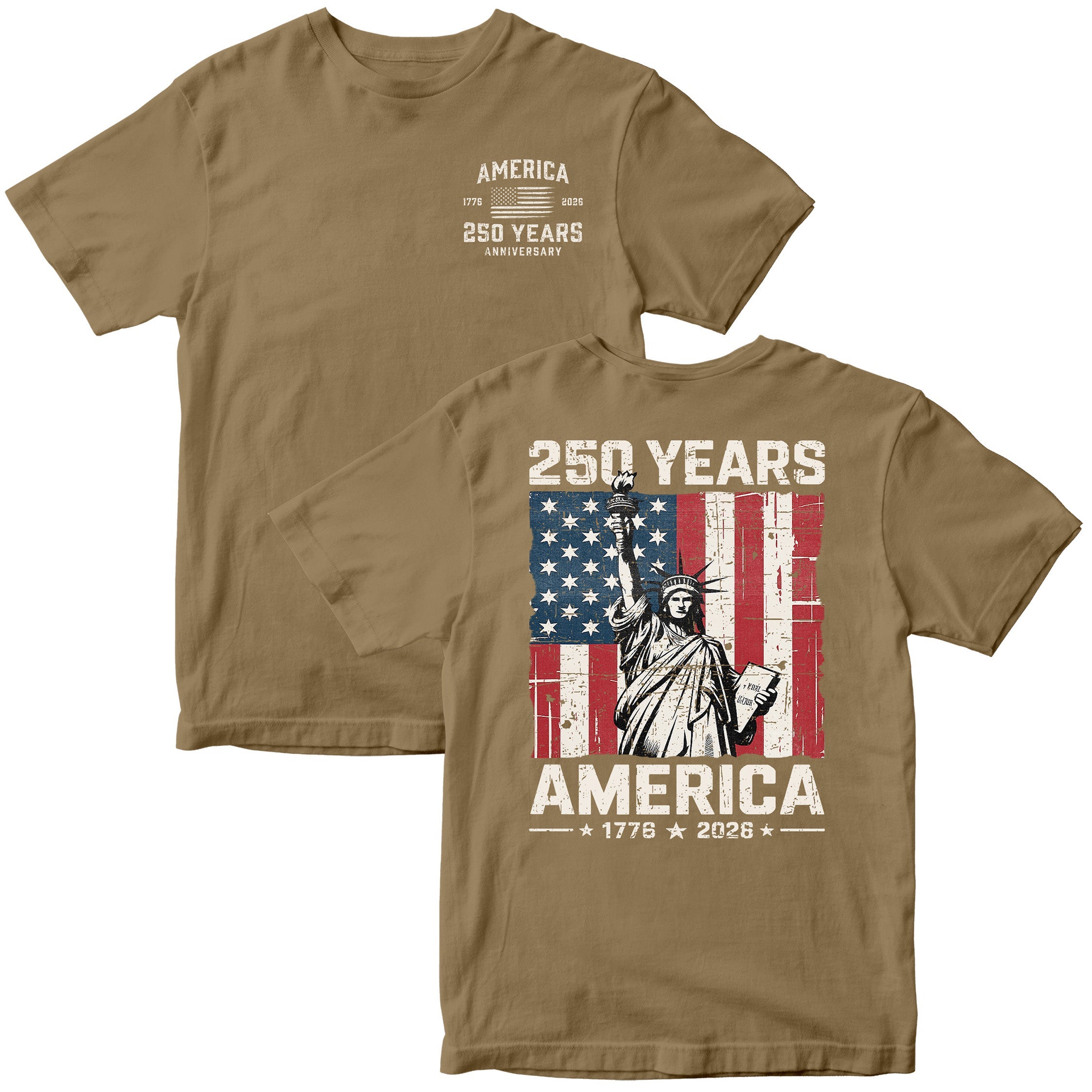 America 250th anniversary patriotic T-shirt with Lady Liberty and American flag. USA 250th Birthday Tee 1776-2026.