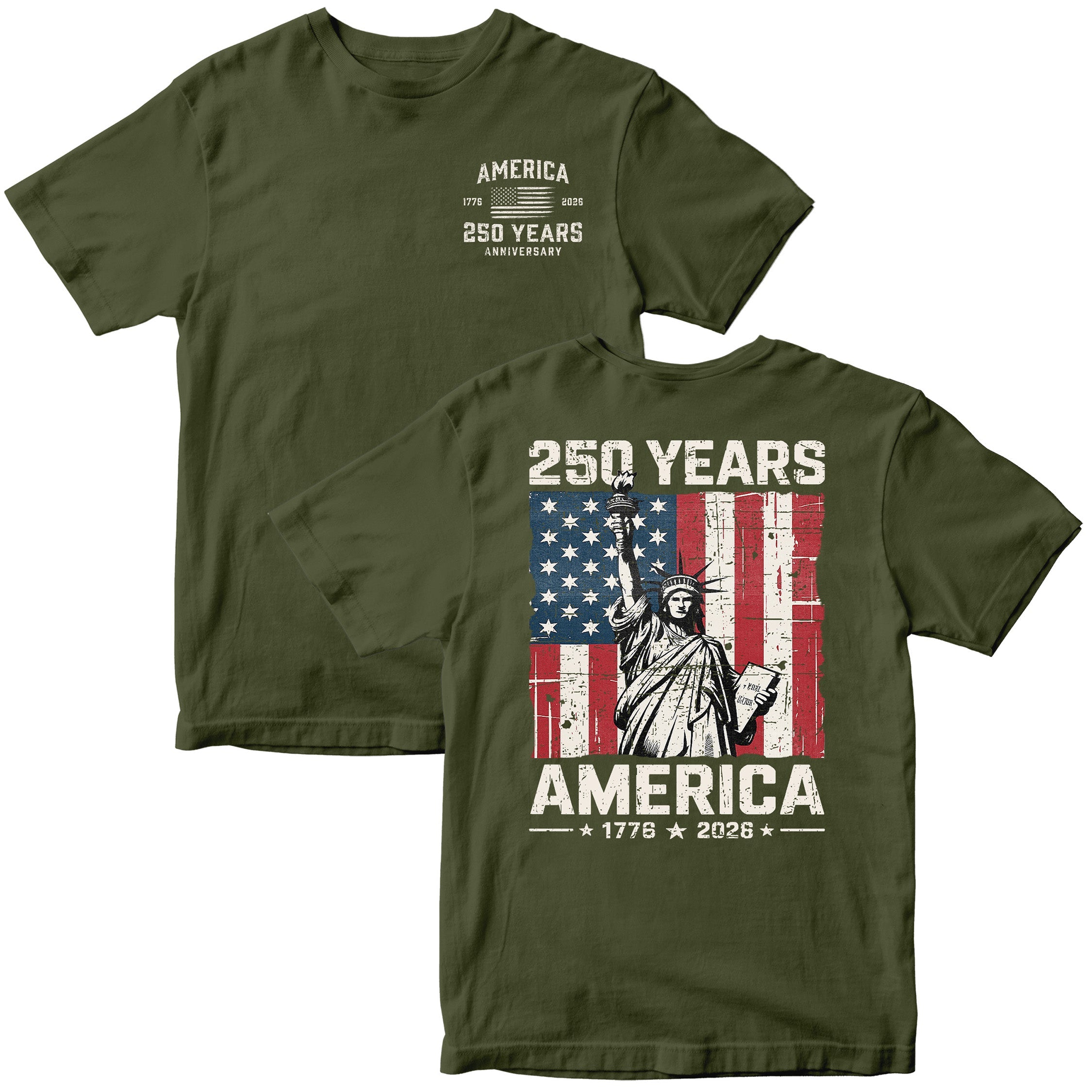 America 250th anniversary patriotic T-shirt with Lady Liberty and American flag. USA 250th Birthday Tee 1776-2026.