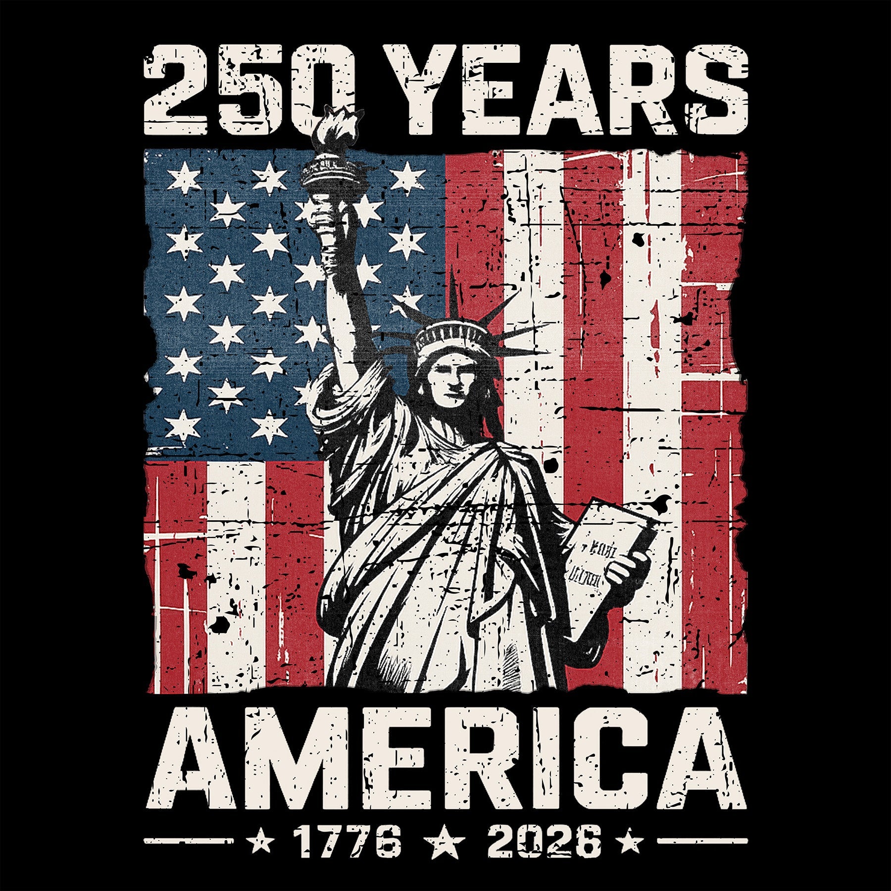 America 250th anniversary patriotic T-shirt with Lady Liberty and American flag. USA 250th Birthday Tee 1776-2026.