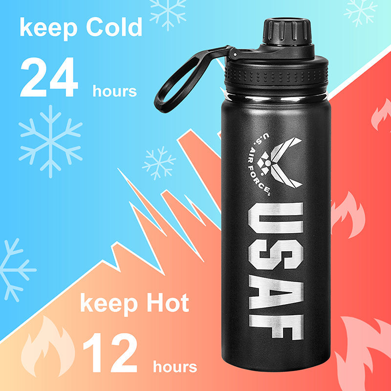 A matte black stainless steel water bottle with 'USAF' and an Air Force wings emblem in silver.