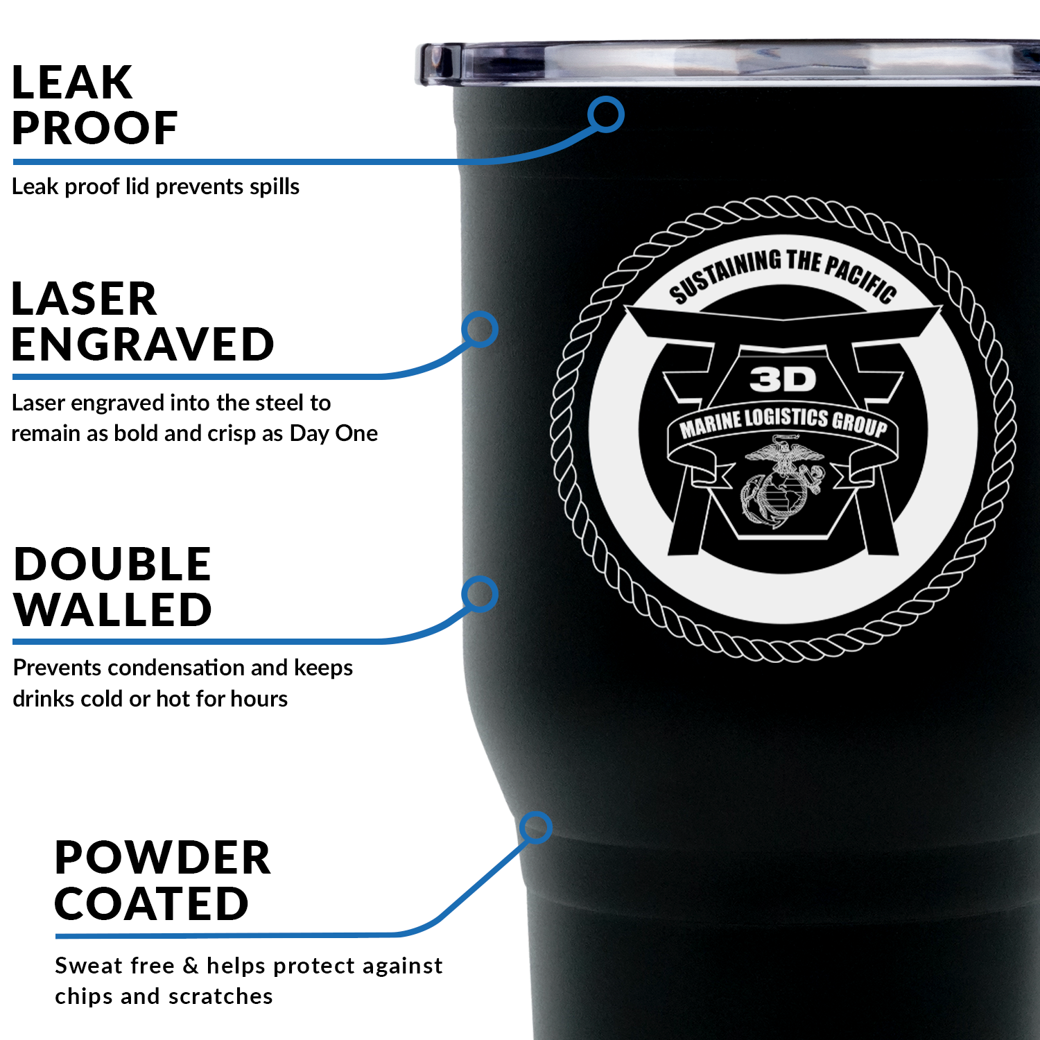 3D Marine Logistics Group (3D MLG) USMC Stainless Steel Marine Corps Tumbler