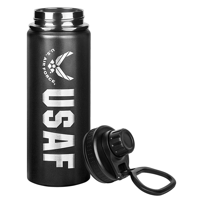 A matte black stainless steel water bottle with 'USAF' and an Air Force wings emblem in silver.