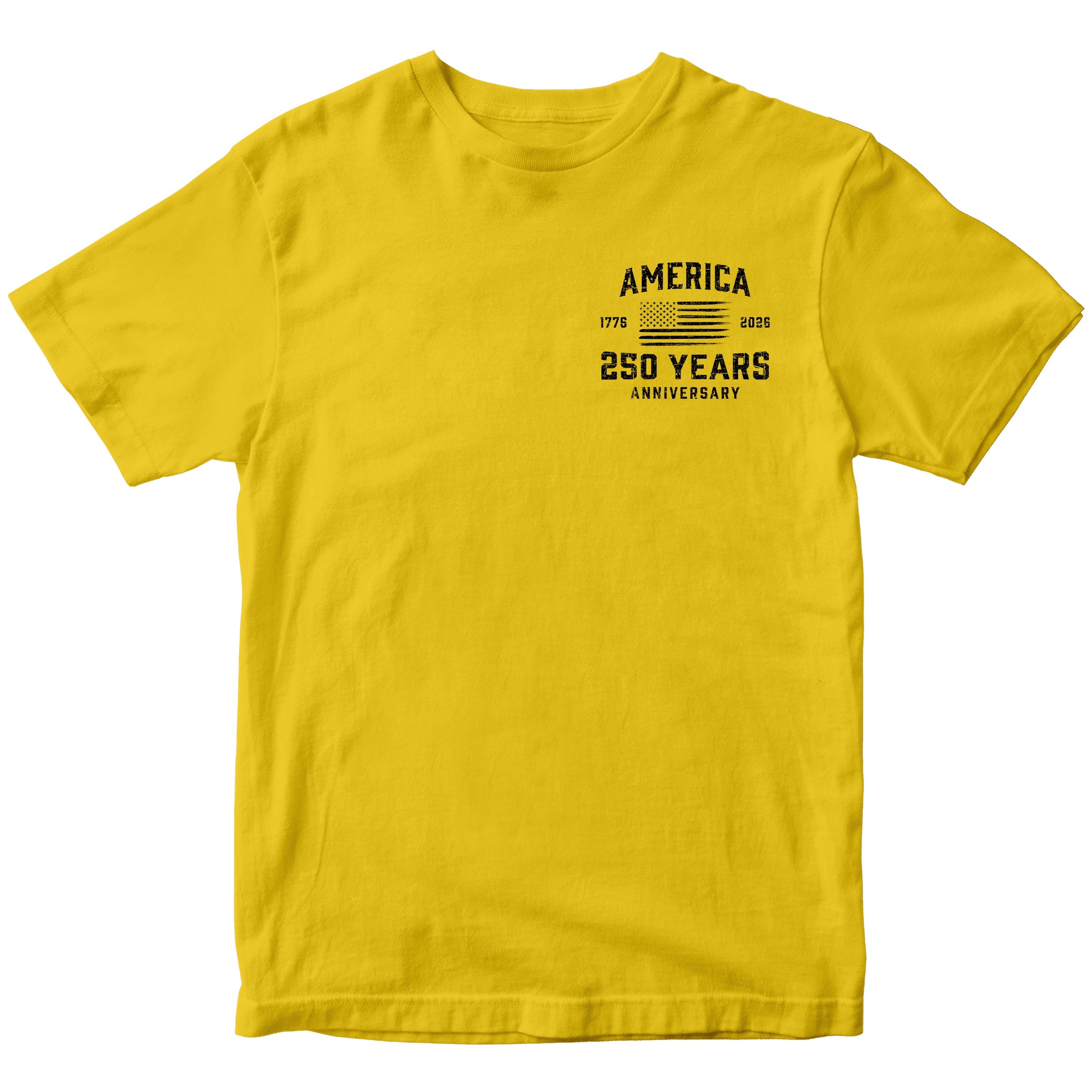 America 250 Years 1776 2026 T-shirt with American flag chest seal design. Gold Patriotic T-shirt celebrating 250 years of American independence