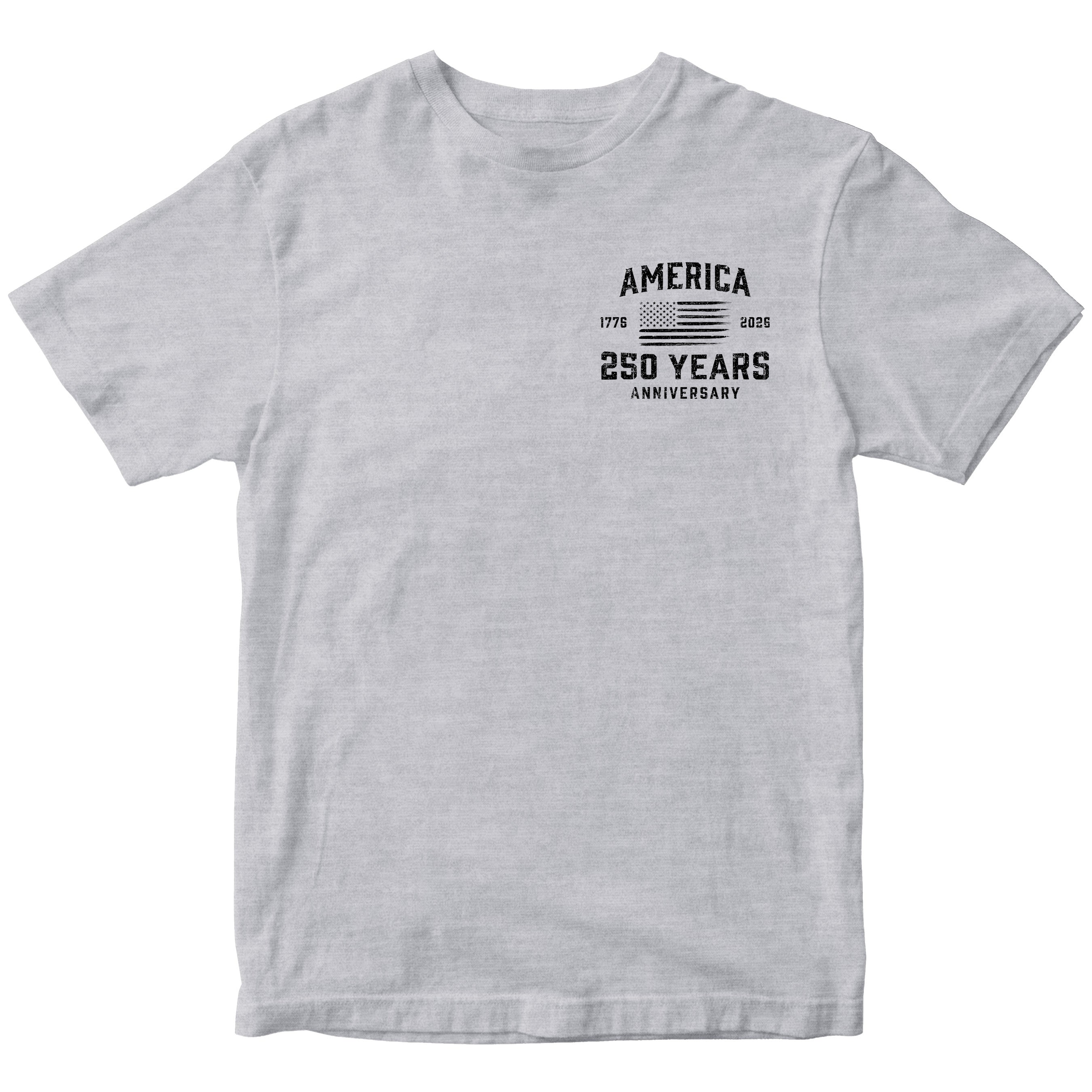America 250 Years 1776 2026 T-shirt with American flag chest seal design. Patriotic grey T-shirt celebrating 250 years of American independence