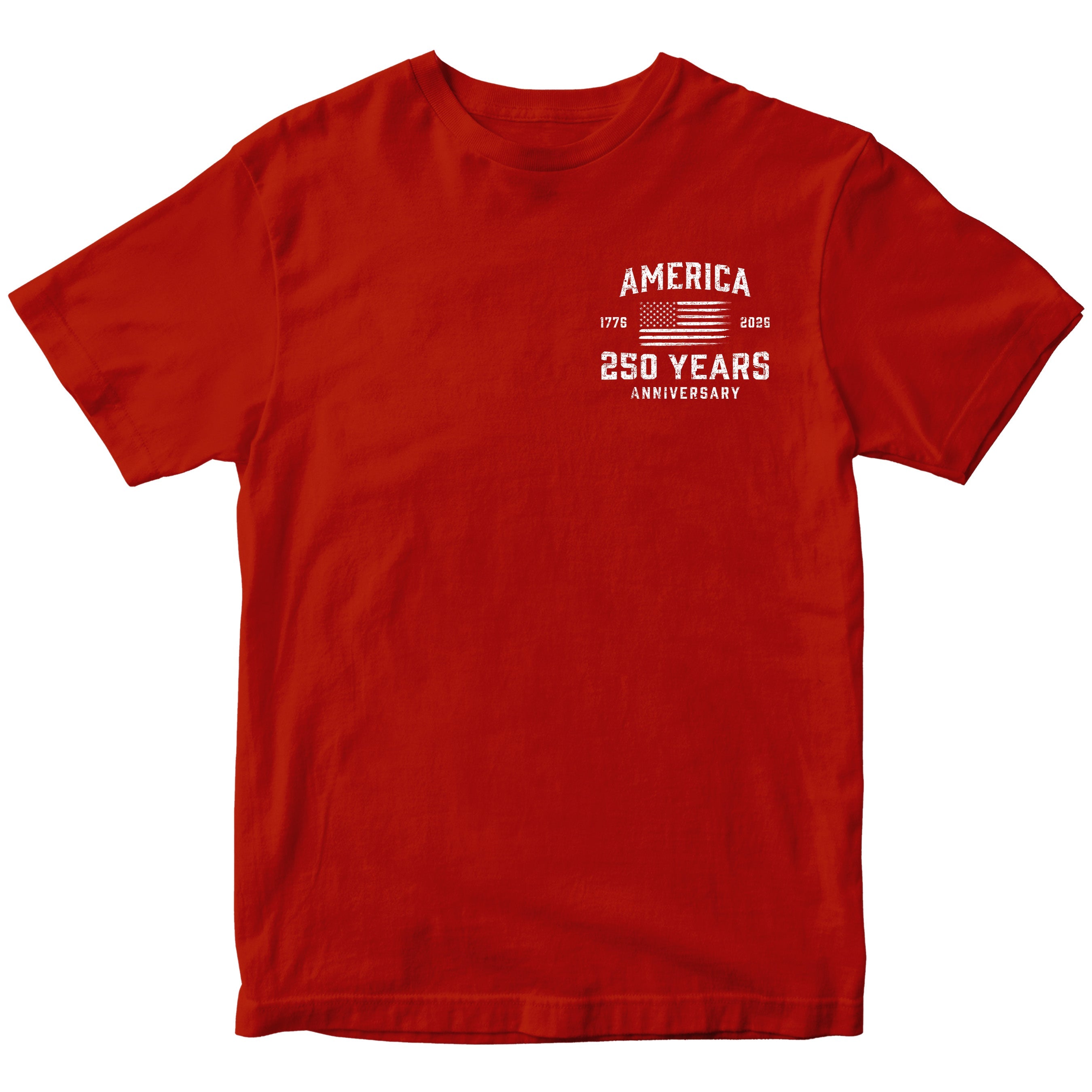America 250 Years 1776 2026 T-shirt with American flag chest seal design. Patriotic red T-shirt celebrating 250 years of American independence