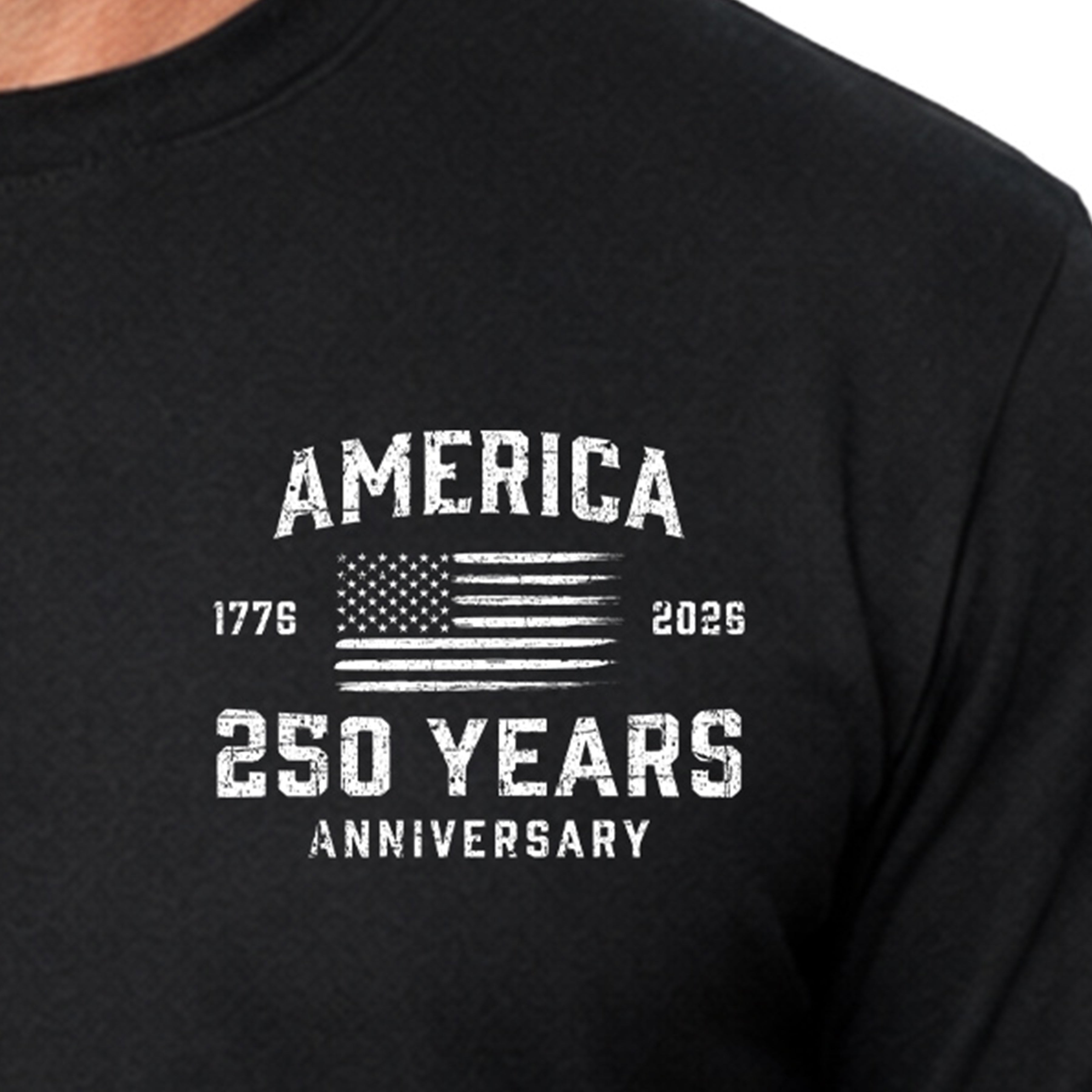 America 250 Years 1776 2026 T-shirt with American flag chest seal design. Patriotic black T-shirt celebrating 250 years of American independence