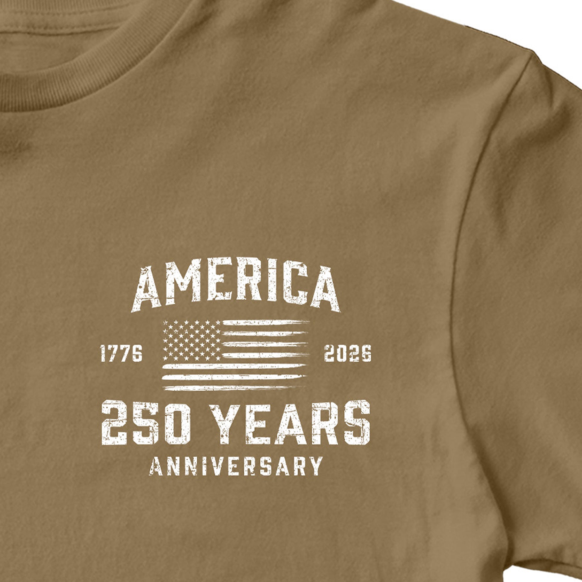 America 250 Years 1776 2026 T-shirt with American flag chest seal design. brown Patriotic T-shirt celebrating 250 years of American independence