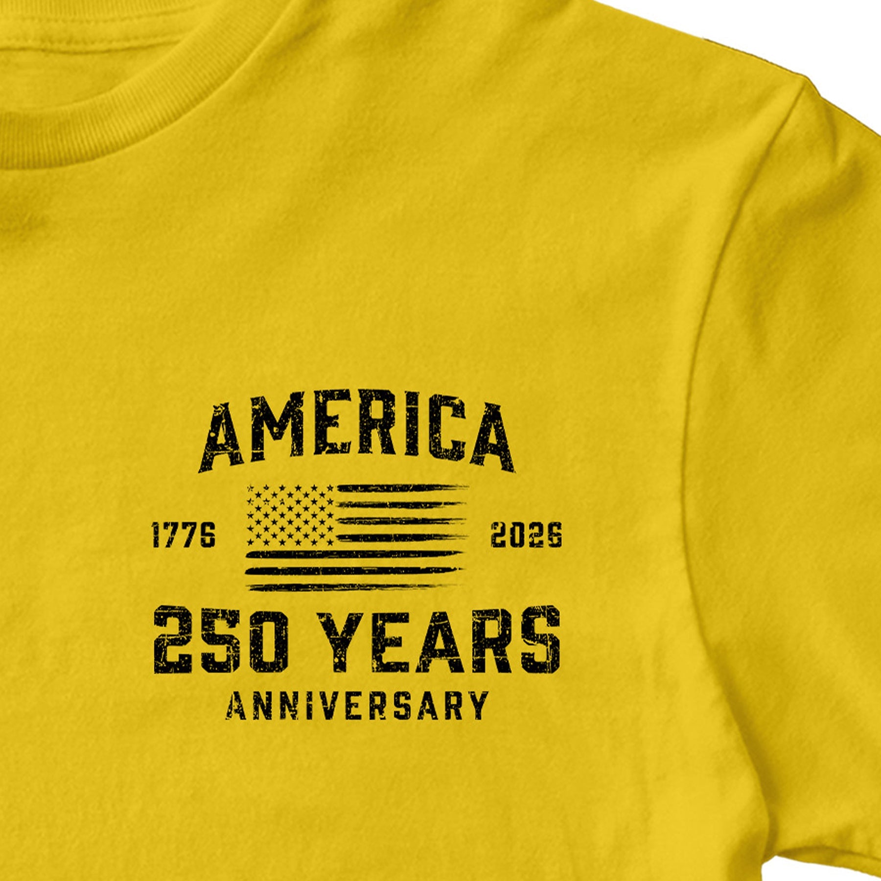 America 250 Years 1776 2026 T-shirt with American flag chest seal design. Gold Patriotic T-shirt celebrating 250 years of American independence