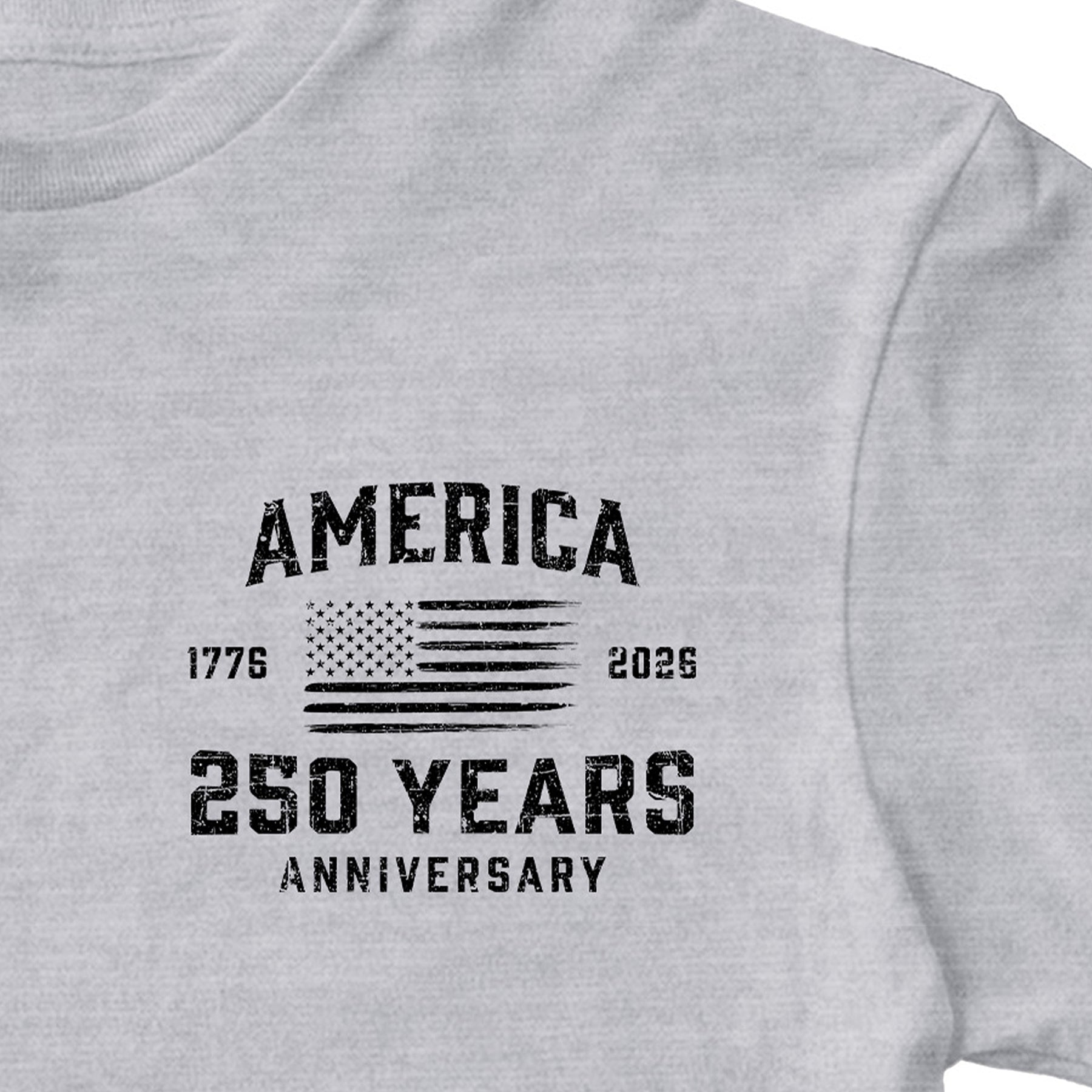 America 250 Years 1776 2026 T-shirt with American flag chest seal design. Patriotic grey T-shirt celebrating 250 years of American independence