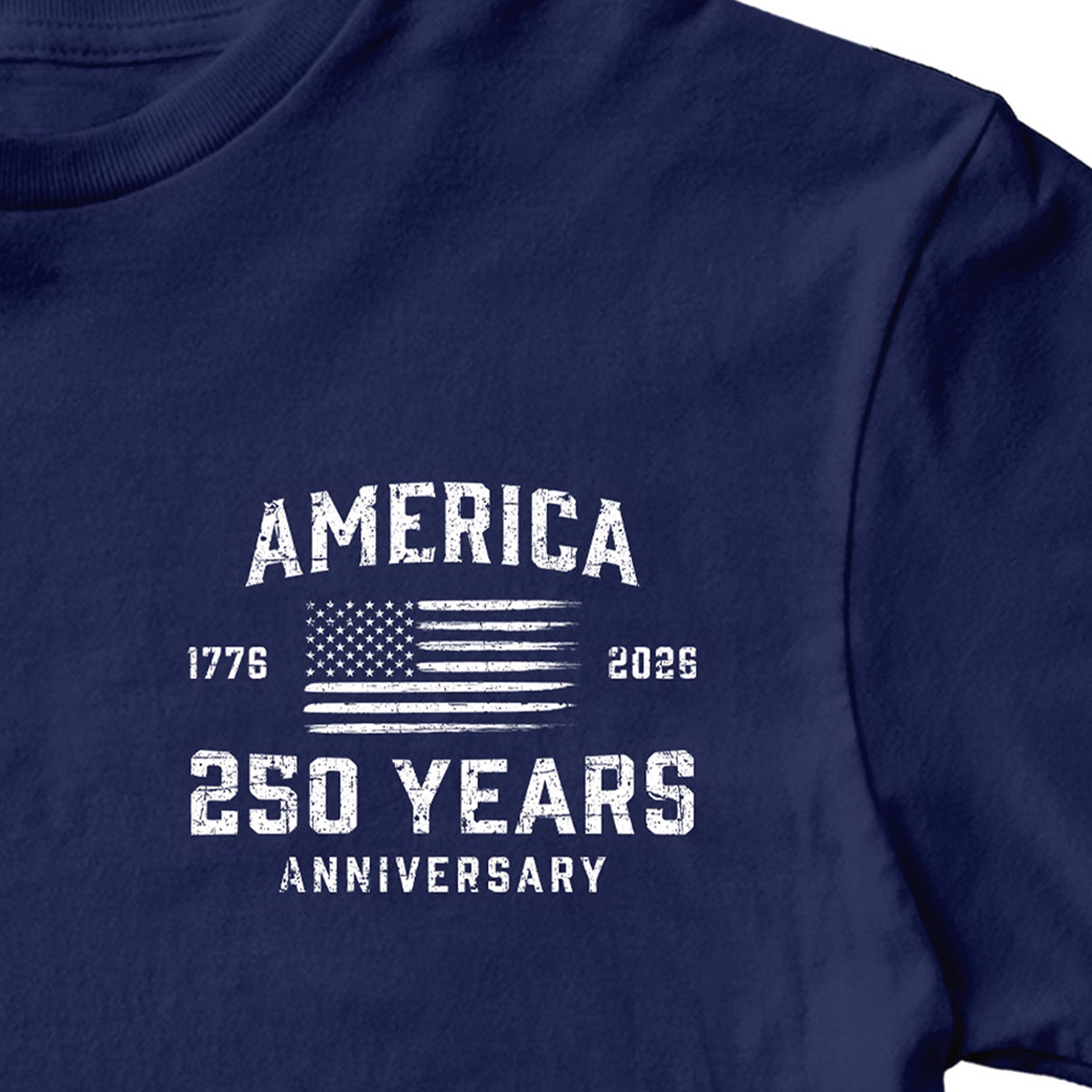 America 250 Years 1776 2026 T-shirt with American flag chest seal design. Blue Patriotic T-shirt celebrating 250 years of American independence