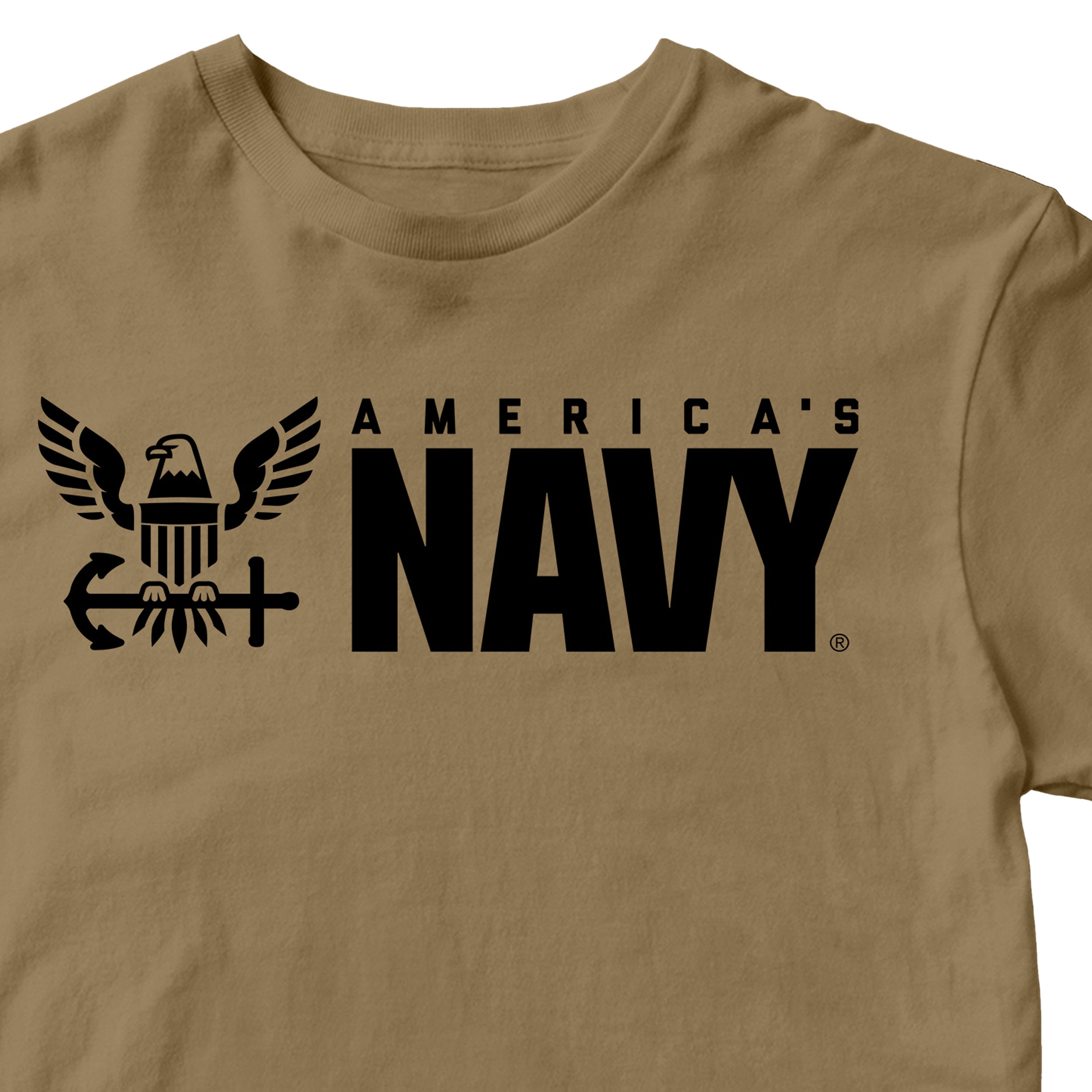 NAVY T-shirt featuring a stylized eagle with outstretched wings clutching a naval anchor alongside prominent uppercase AMERICA’S NAVY text.