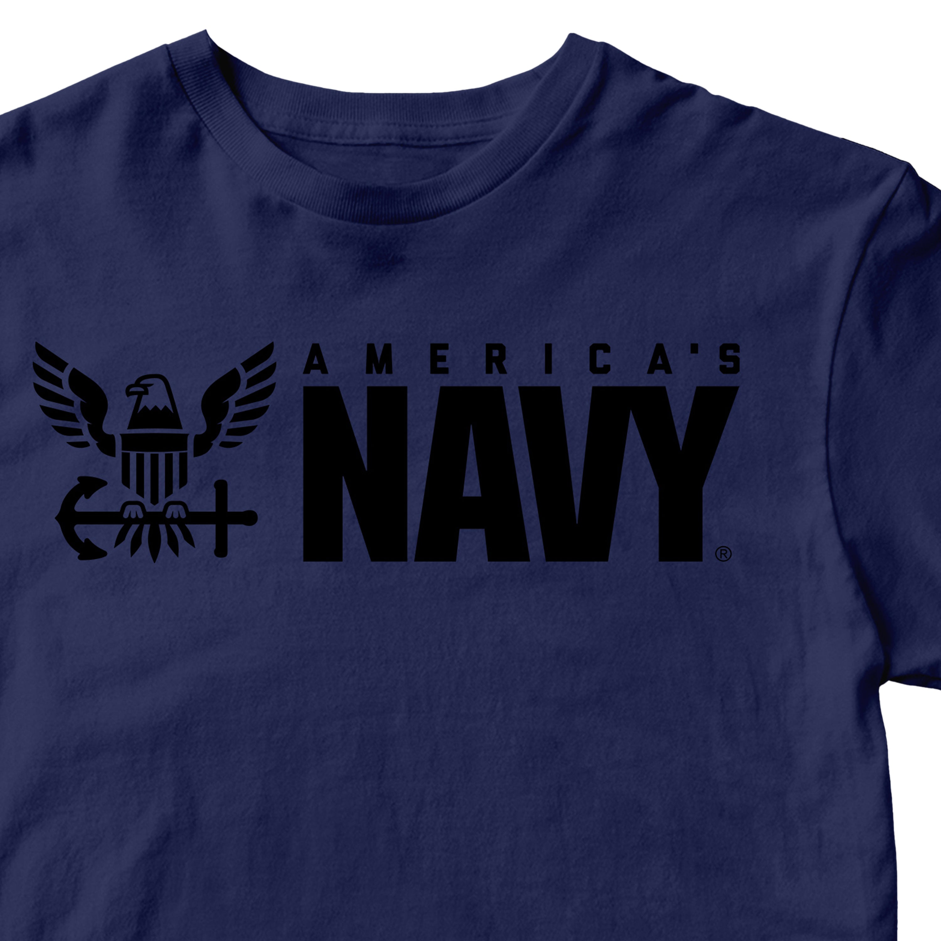 NAVY T-shirt featuring a stylized eagle with outstretched wings clutching a naval anchor alongside prominent uppercase AMERICA’S NAVY text.