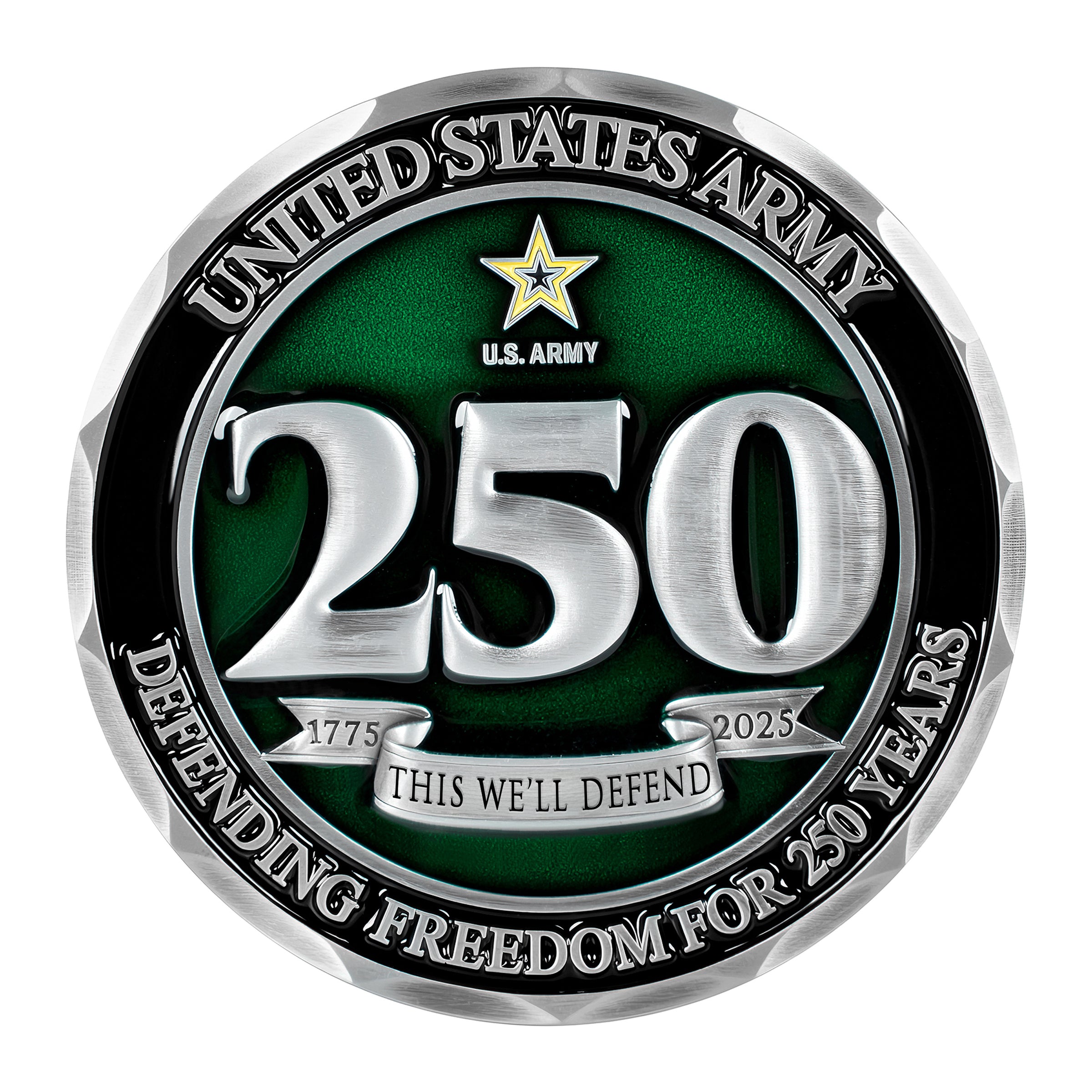 United States Army 250th anniversary coin with green and silver design.