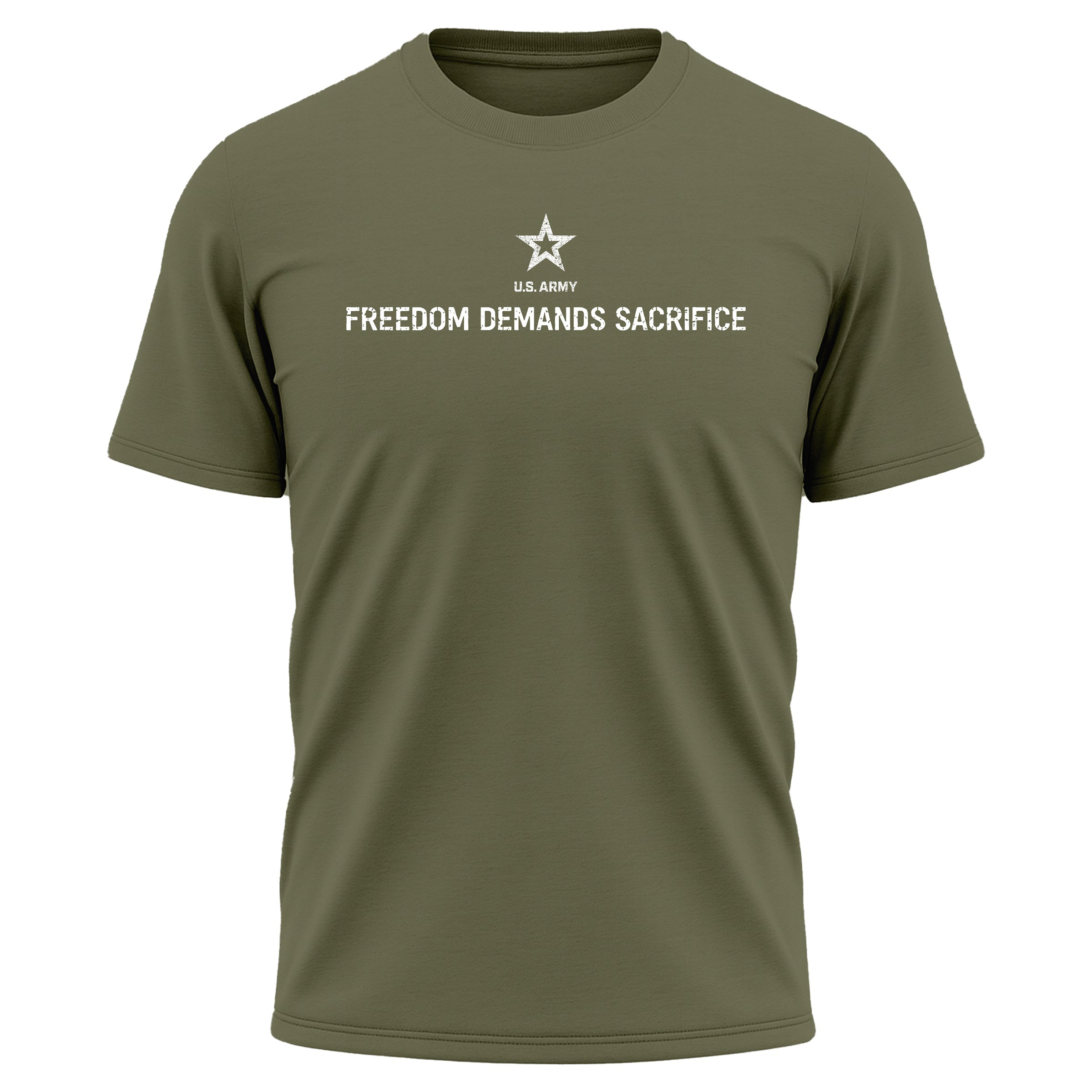 ARMY Performance T-shirt with Freedom Demands Sacrifice Graphic. U.S. Army patriotic T-shirt for Memorial Day and 4th of July with 1% who serve design.