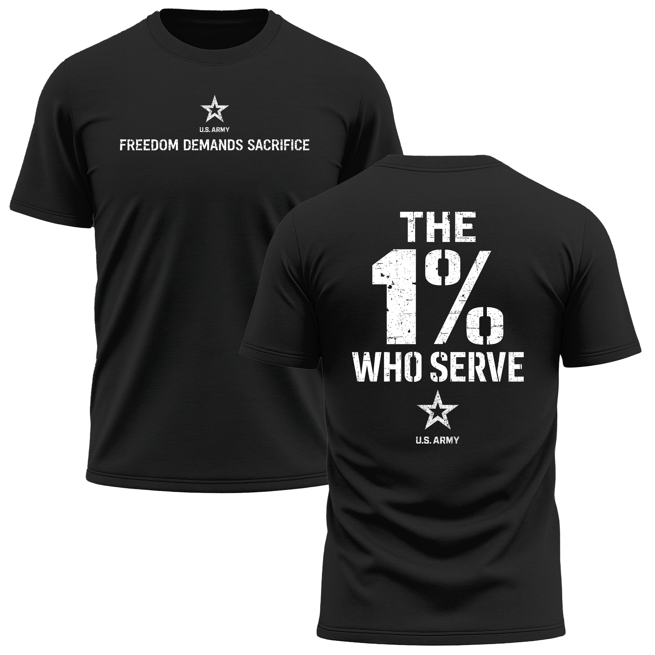 The 1% Who Serve ARMY Black Performance T-shirt with Freedom Demands Sacrifice Graphic. U.S. Army patriotic T-shirt for Memorial Day and 4th of July with 1% who serve design.