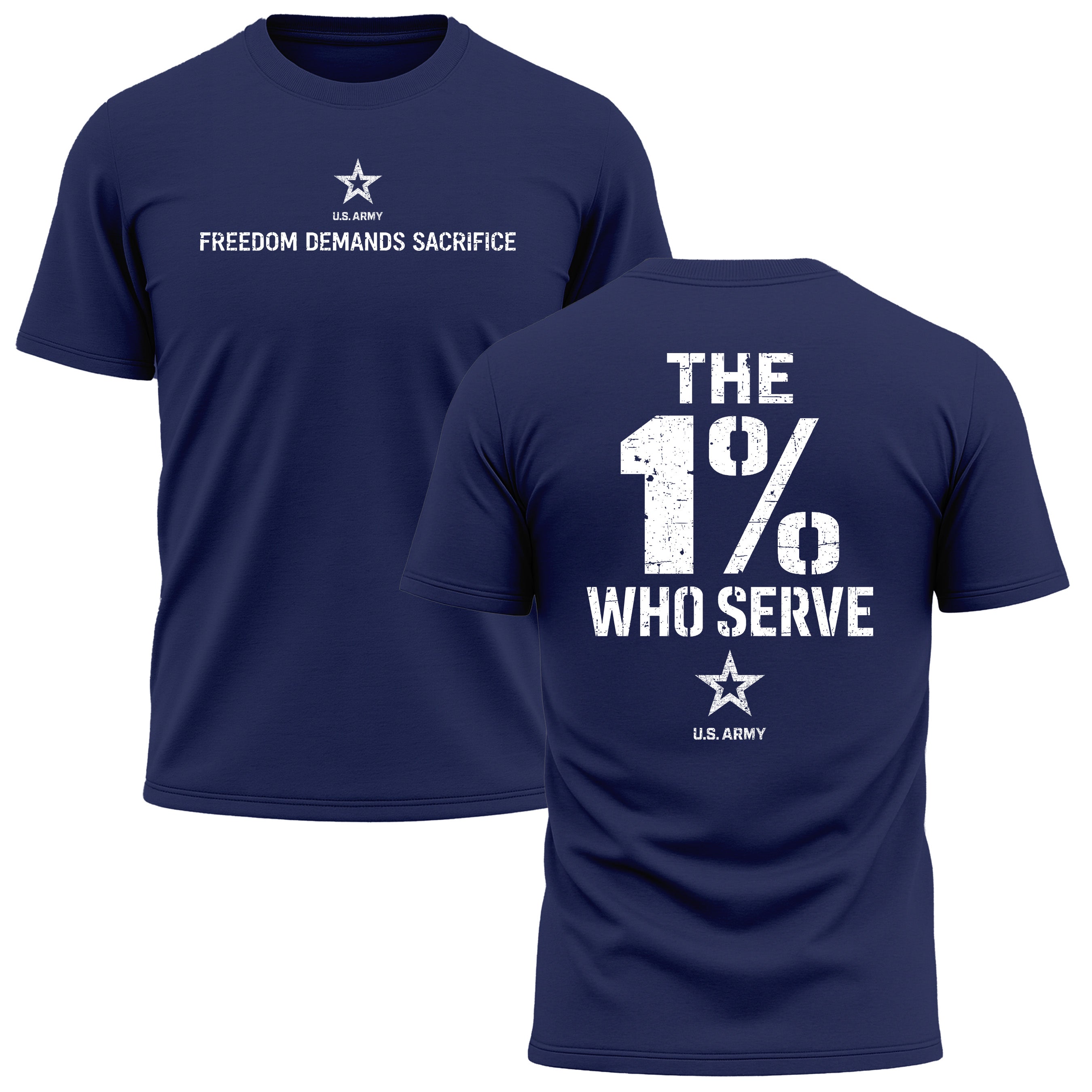 The 1% Who Serve ARMY Blue Performance T-shirt with Freedom Demands Sacrifice Graphic. U.S. Army patriotic T-shirt for Memorial Day and 4th of July with 1% who serve design.