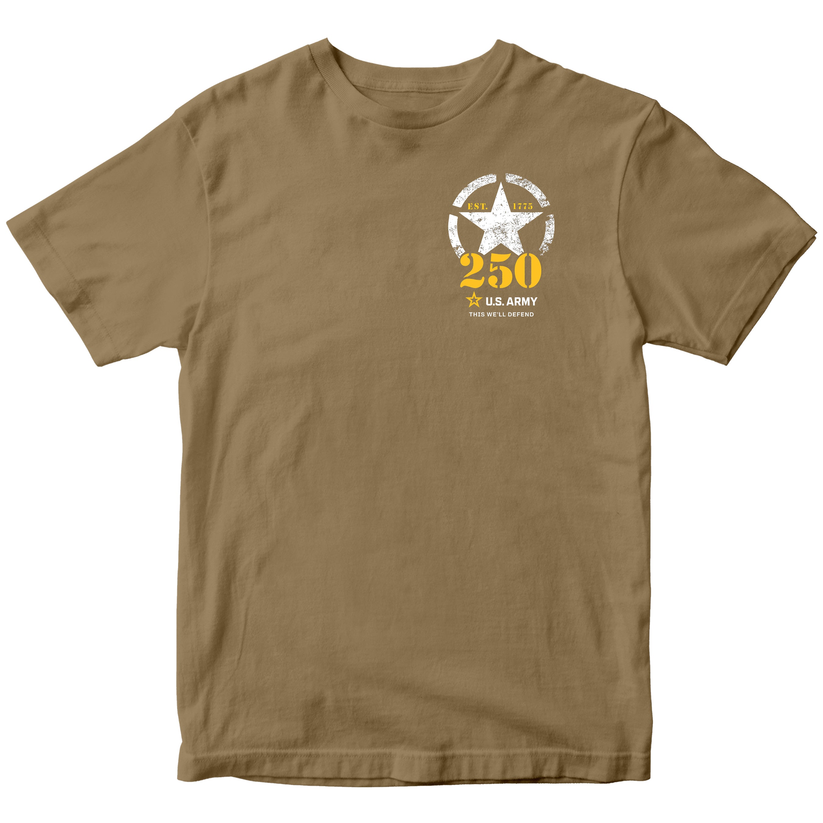 U.S. Army 250th Birthday t-shirt featuring a front left chest graphic with a distressed white star, 'EST. 1775', bold yellow '250', and the U.S. Army logo with the phrase 'This We'll Defend'