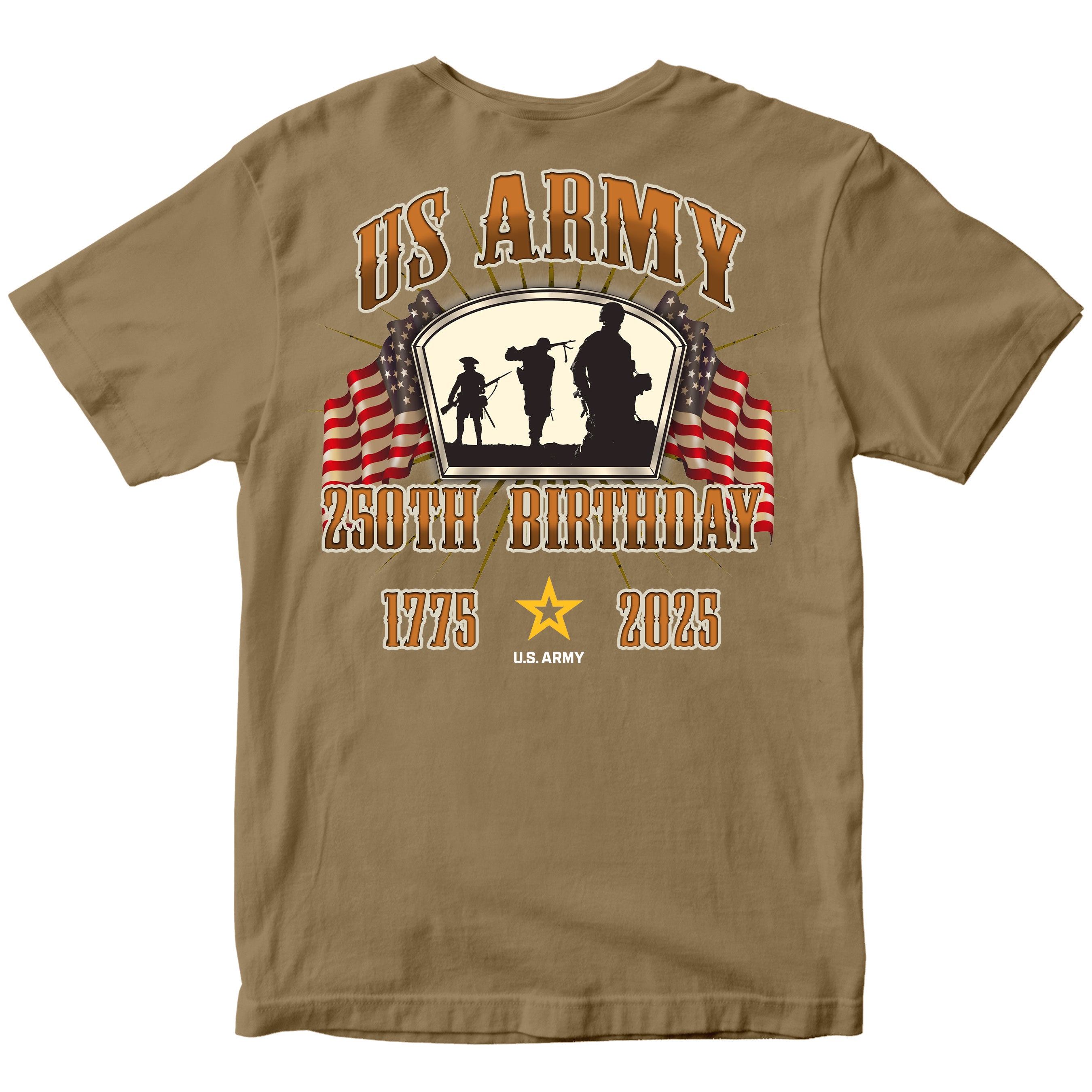 Back of a U.S. Army t-shirt featuring 'US ARMY' in large letters above silhouettes of soldiers, flanked by American flags, with '250th Birthday,' '1775,' '2025,' and the U.S. Army star logo