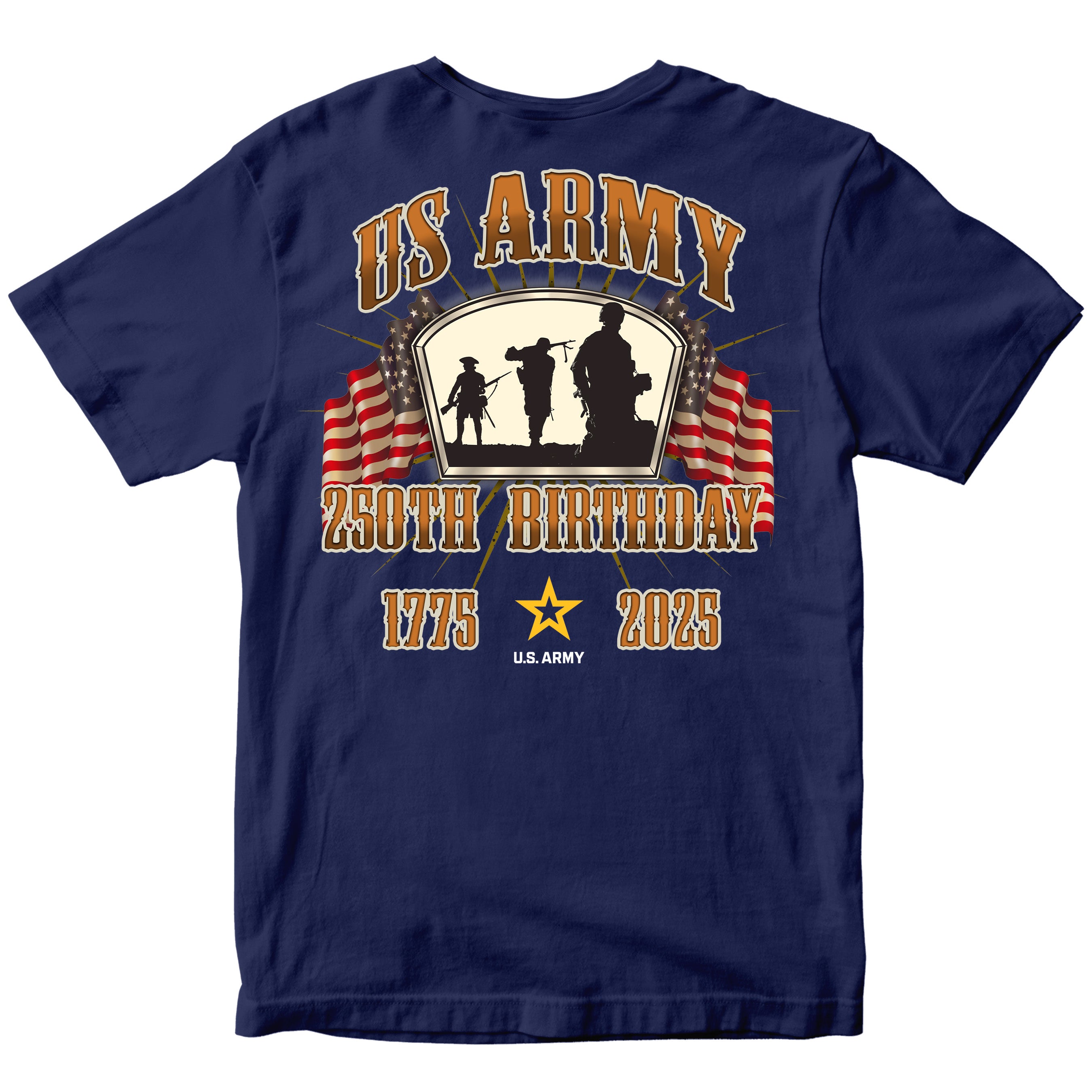 Back of a U.S. Army t-shirt featuring 'US ARMY' in large letters above silhouettes of soldiers, flanked by American flags, with '250th Birthday,' '1775,' '2025,' and the U.S. Army star logo