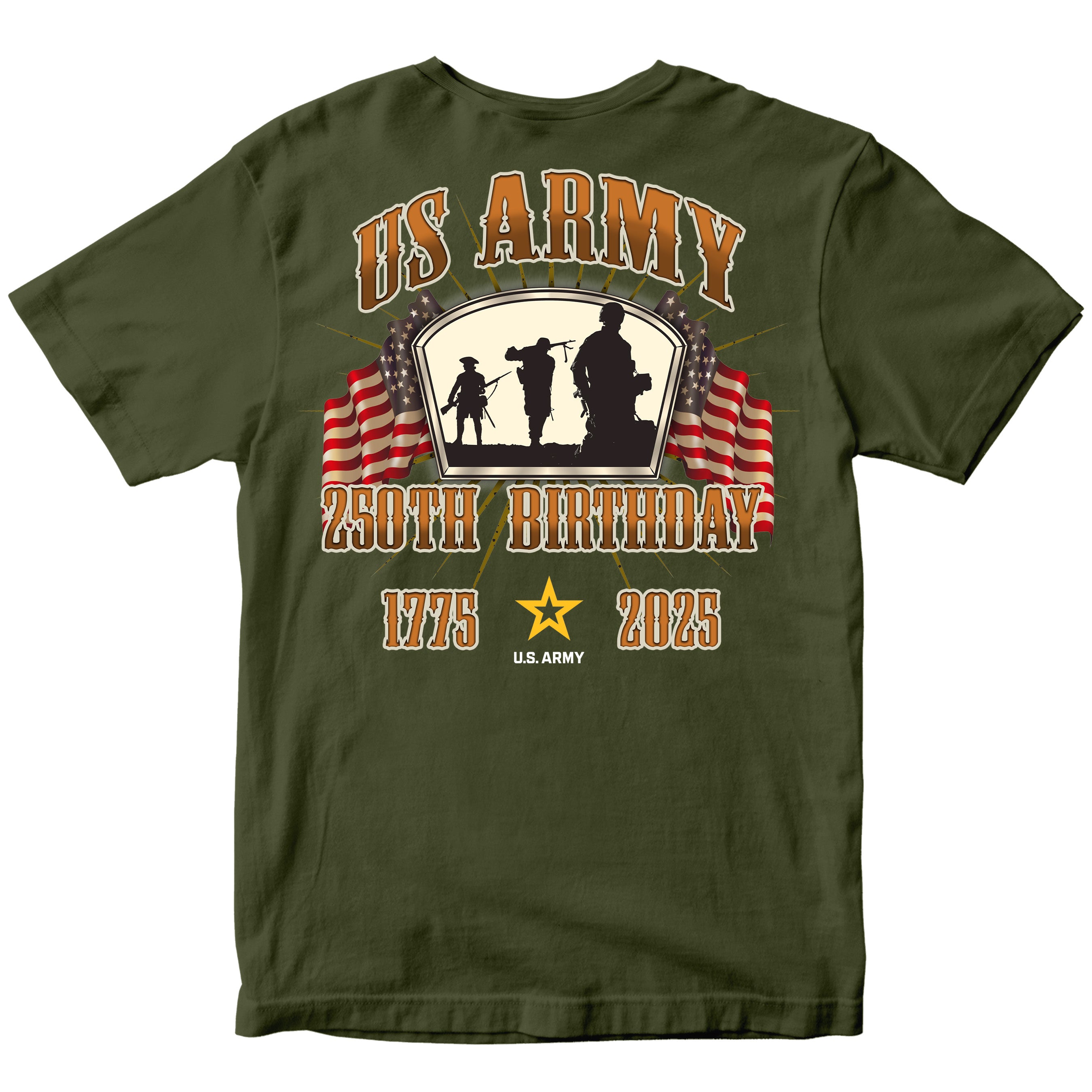 Back of a U.S. Army t-shirt featuring 'US ARMY' in large letters above silhouettes of soldiers, flanked by American flags, with '250th Birthday,' '1775,' '2025,' and the U.S. Army star logo