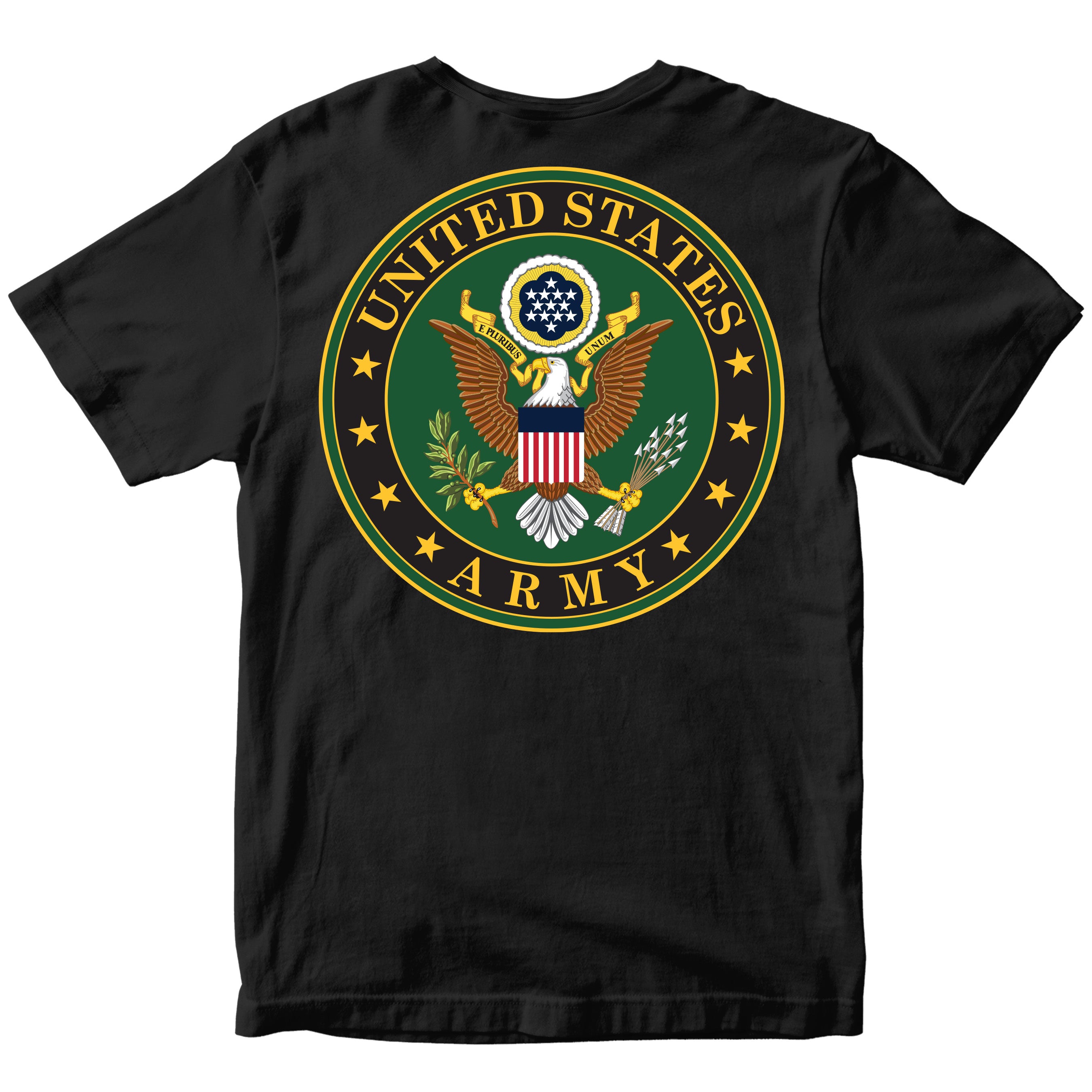 Black t-shirt with United States Army emblem on back