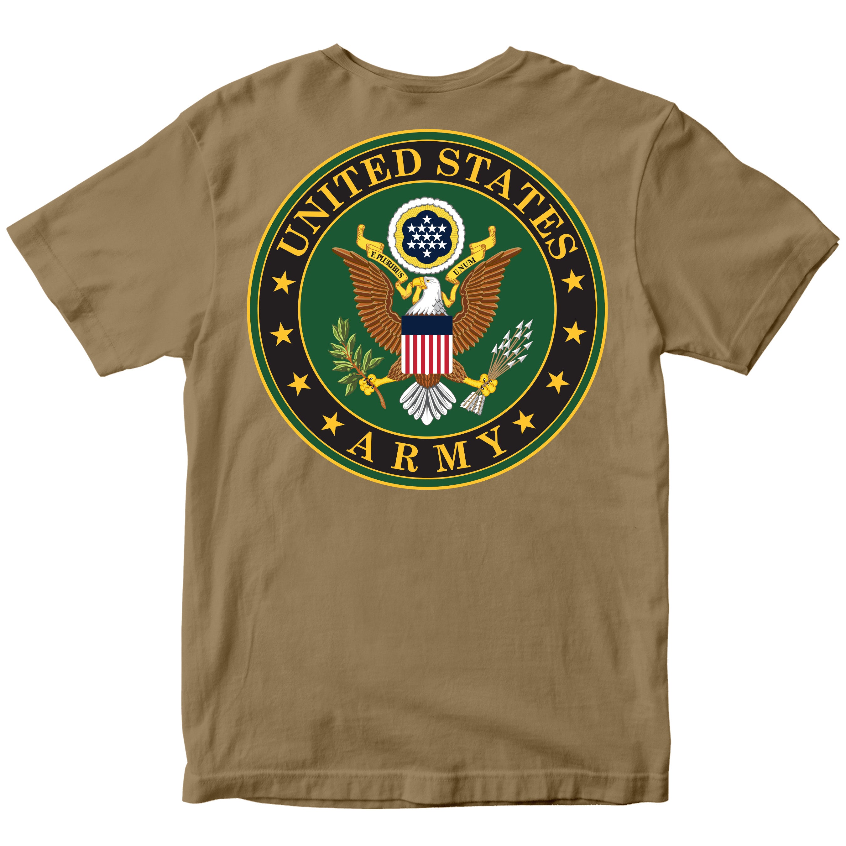 brown t-shirt with United States Army emblem on back