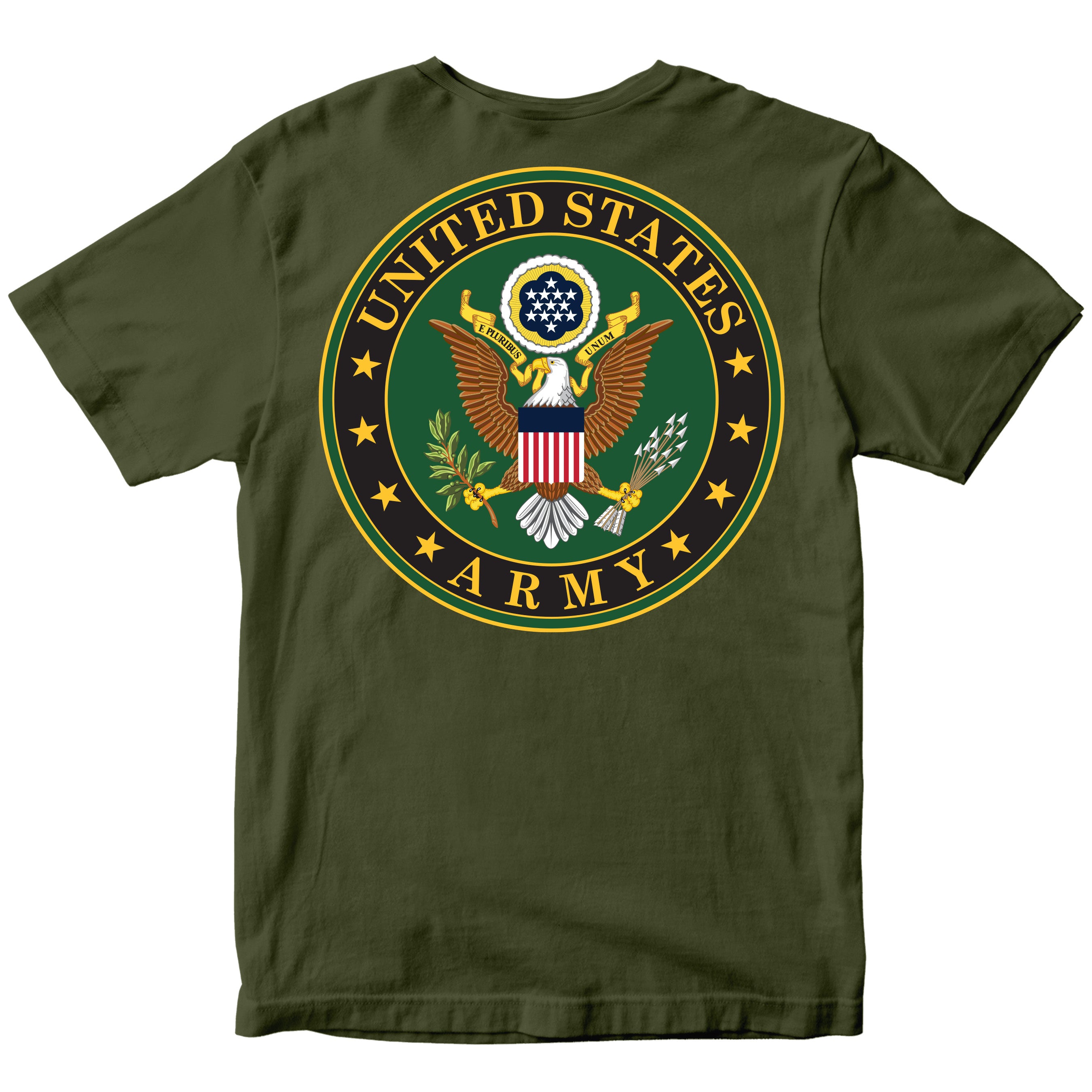 Green t-shirt with United States Army emblem on back