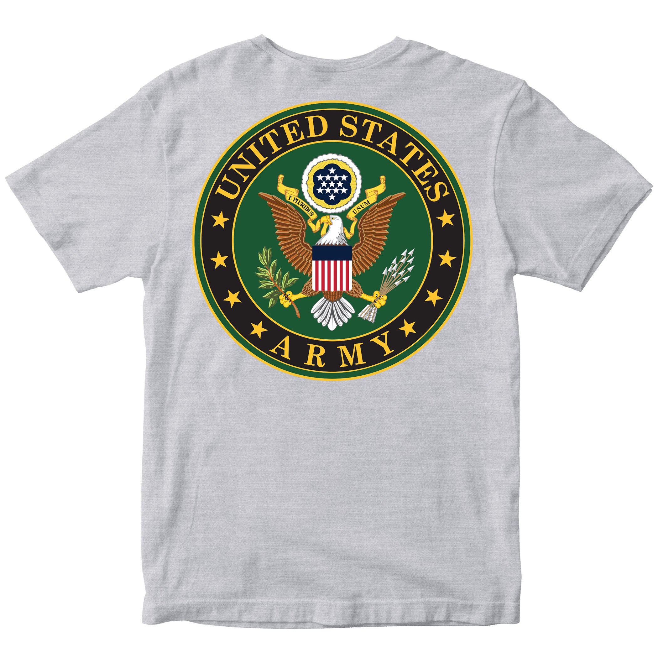 Gray t-shirt with United States Army emblem on back