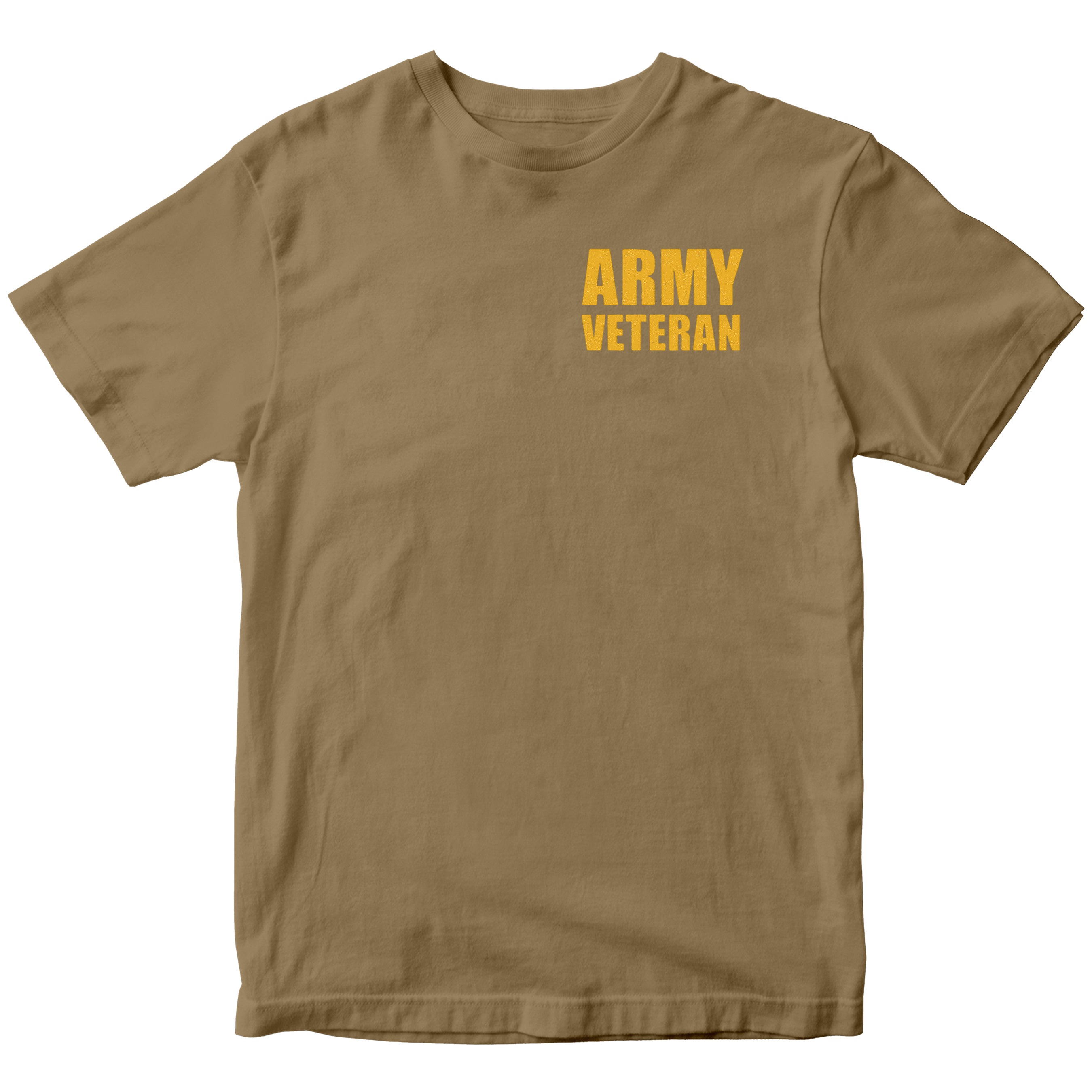 Brown t-shirt with 'ARMY VETERAN' text in yellow