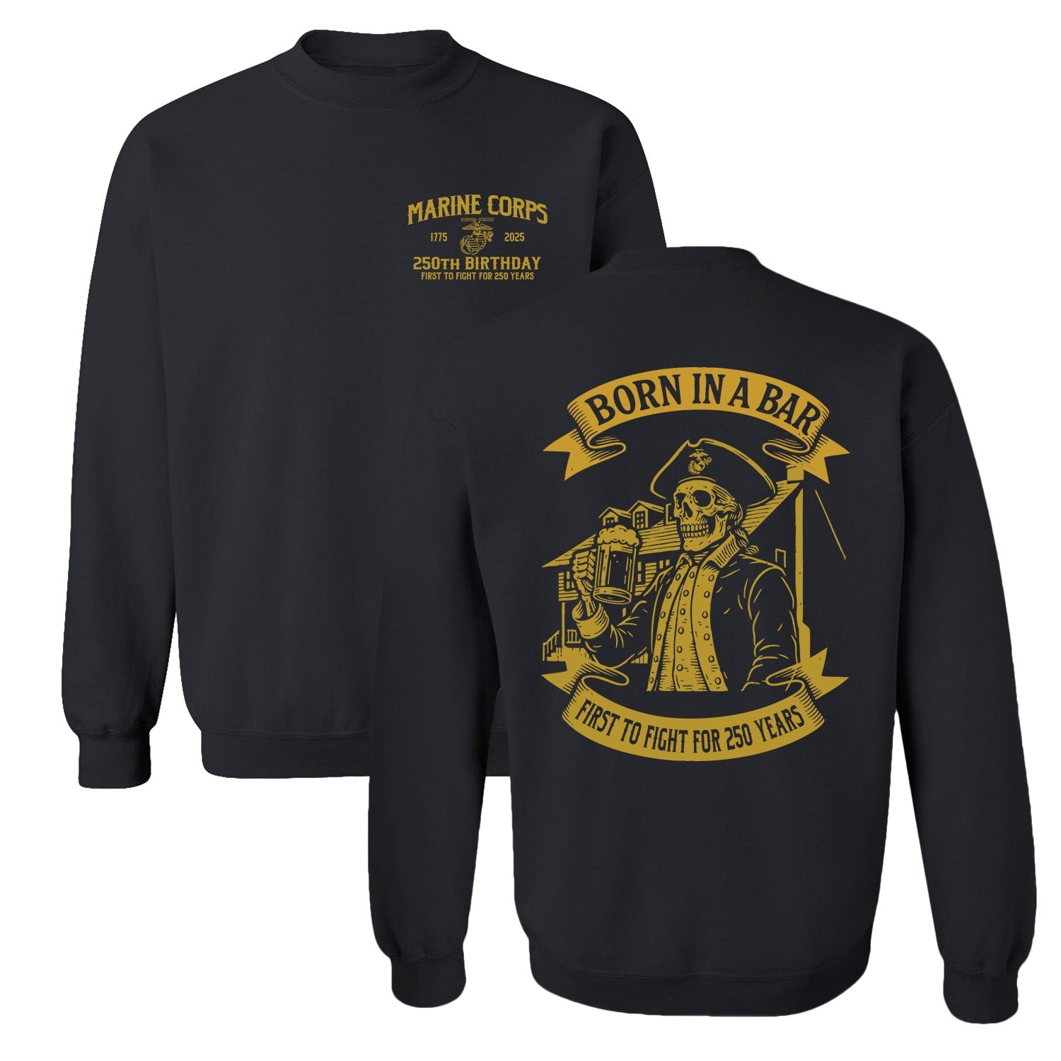 Black sweatshirt with gold USMC graphics and text on a white Tun Tavern USMC 250th birthday