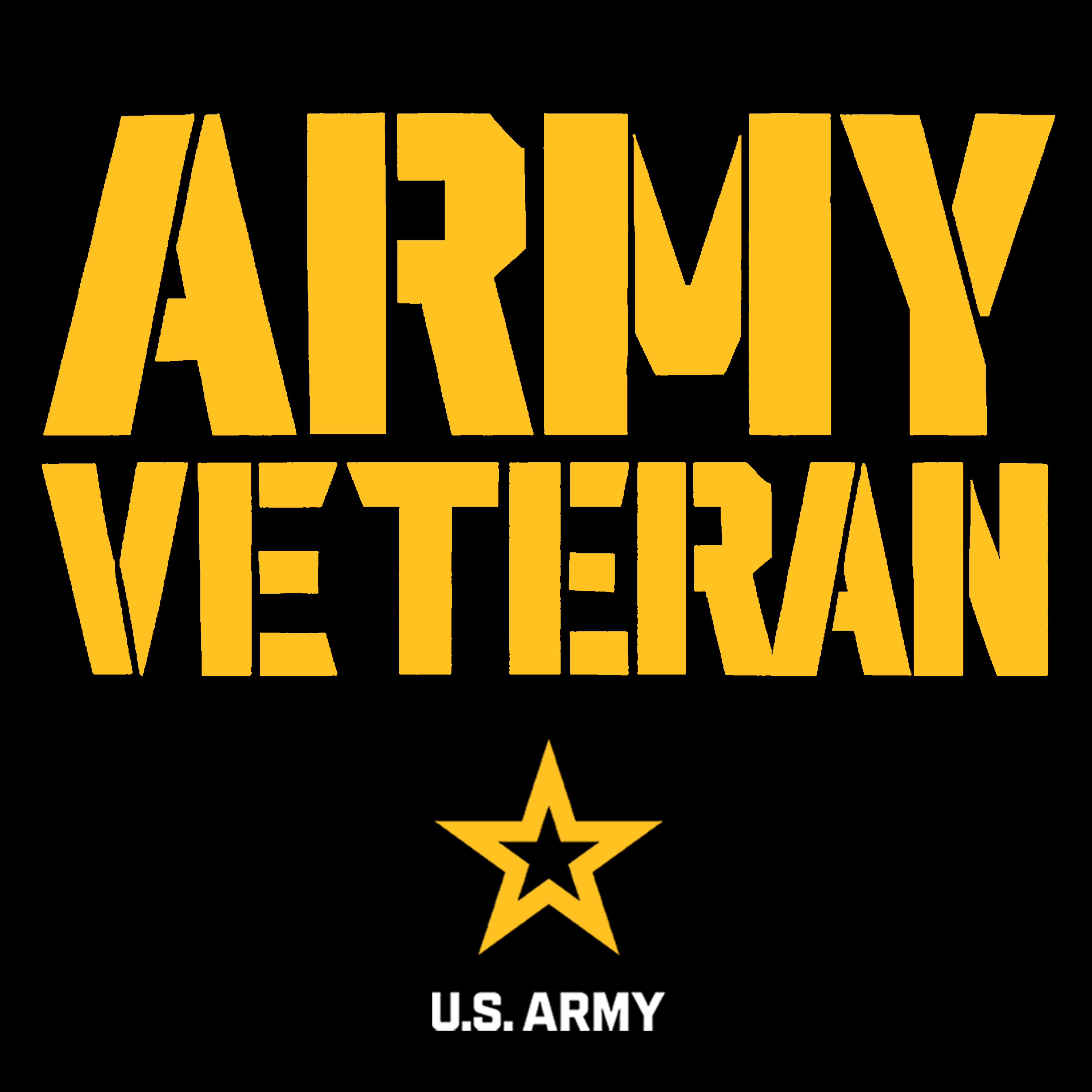 Yellow text 'ARMY VETERAN' with a star on a black background, featuring U.S. Army branding.