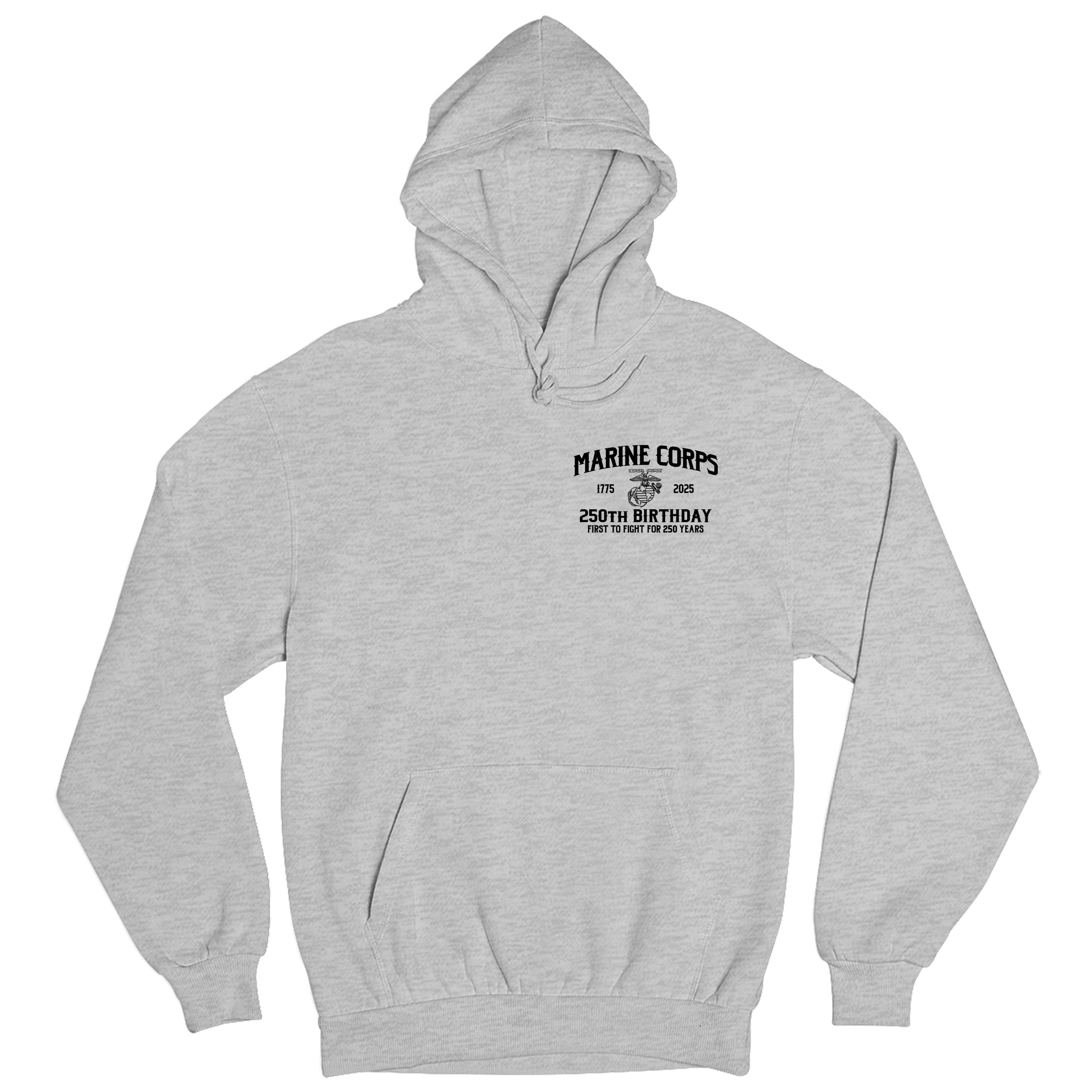 Gray Marine Corps 250th Birthday hoodie with Eagle, Globe, and Anchor Marine Corps 250th Birthday chest seal 