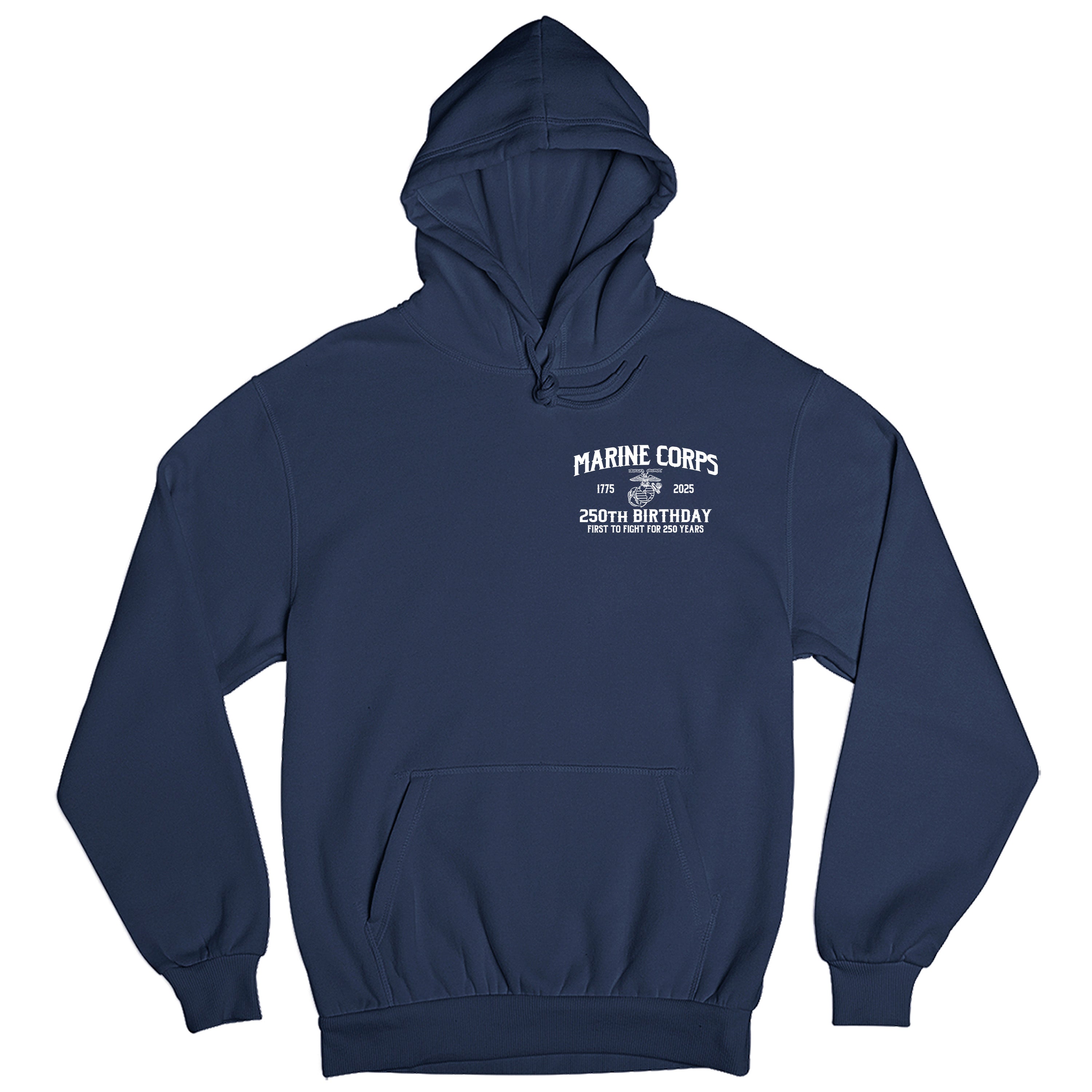 Navy Marine Corps 250th Birthday hoodie with Eagle, Globe, and Anchor Marine Corps 250th Birthday chest seal 