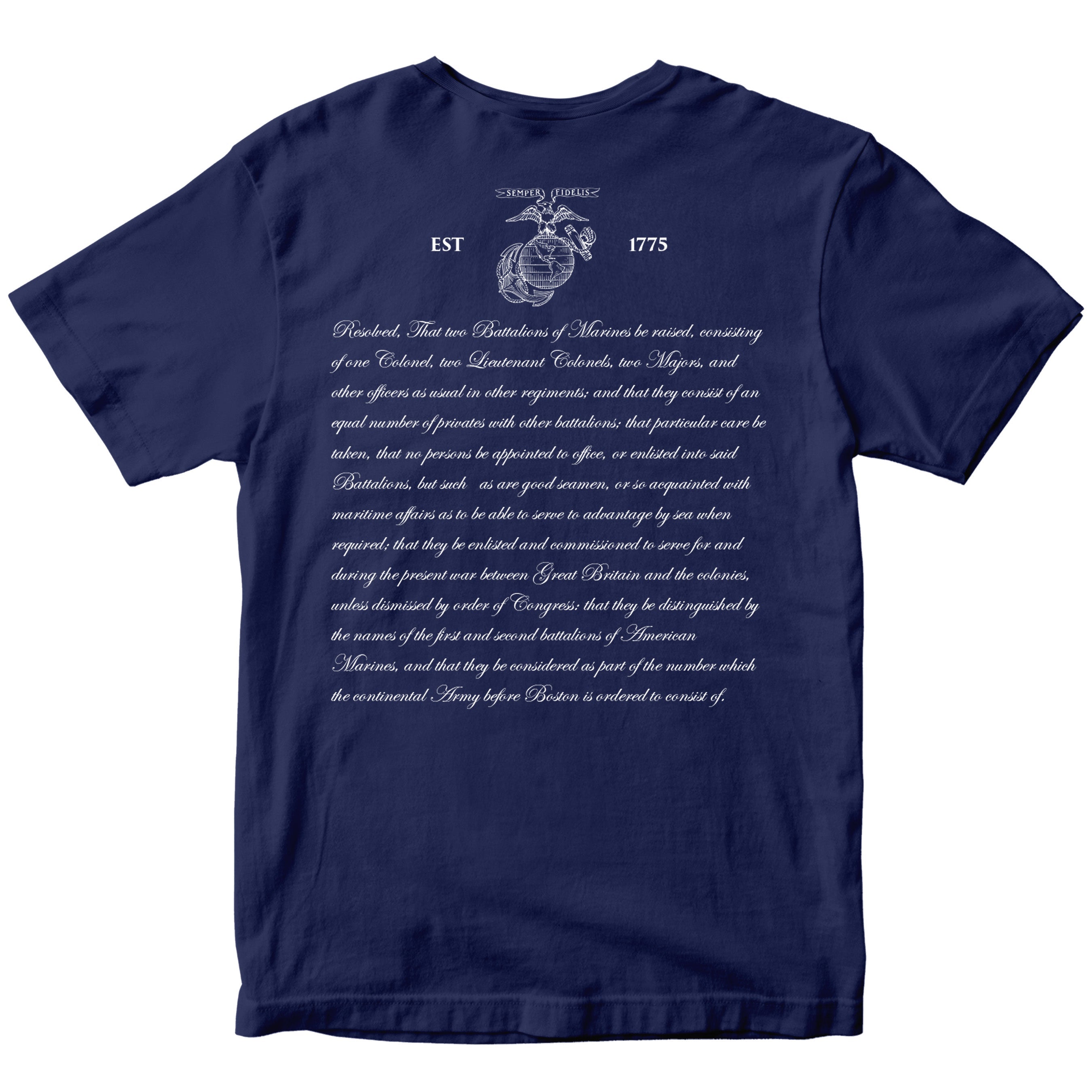 Marine Corps 250th Anniversary shirt back print with historic Continental Marines Act and Eagle, Globe, and Anchor