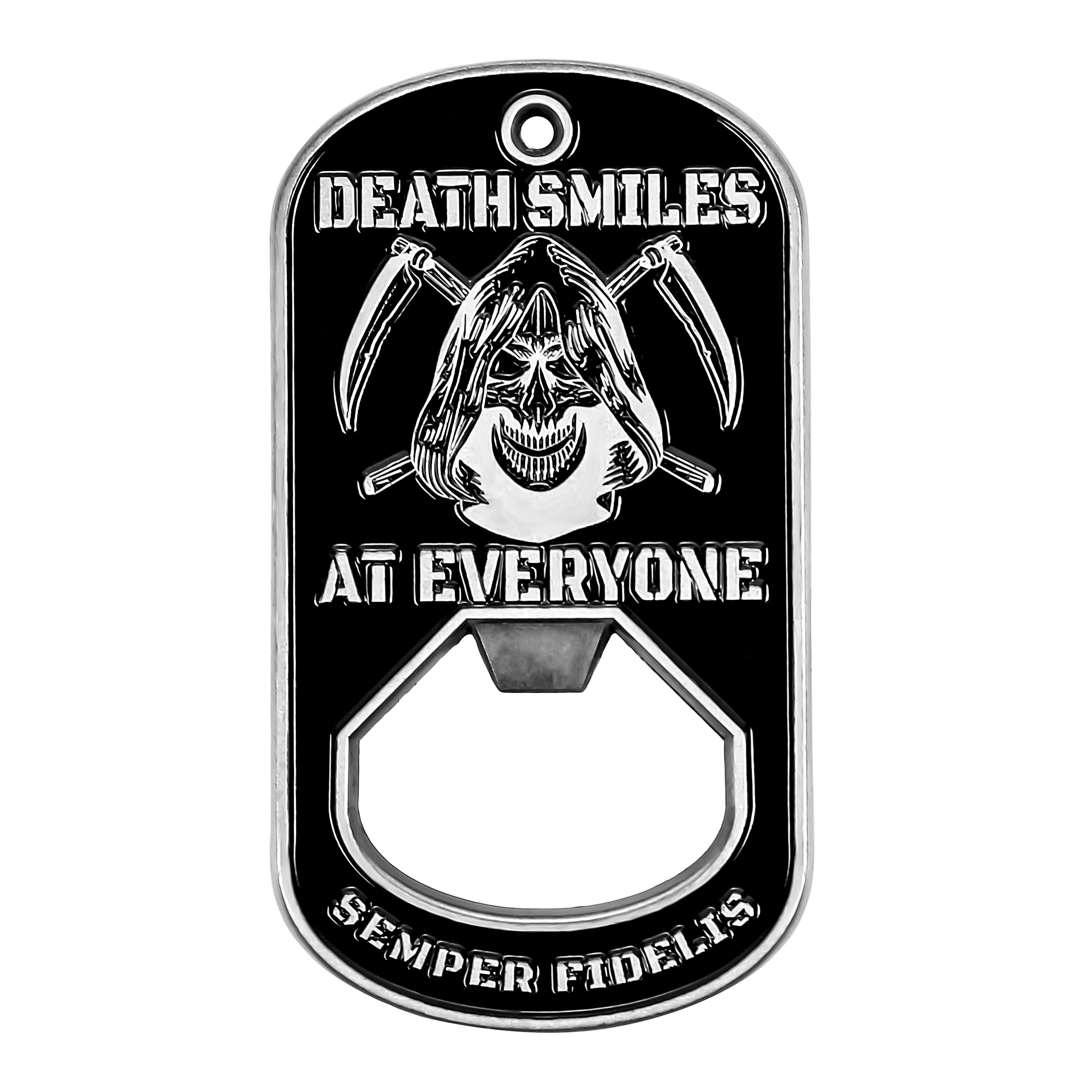 Death Smiles Dog Tag Bottle Opener- Marine Corps Challenge Coin
