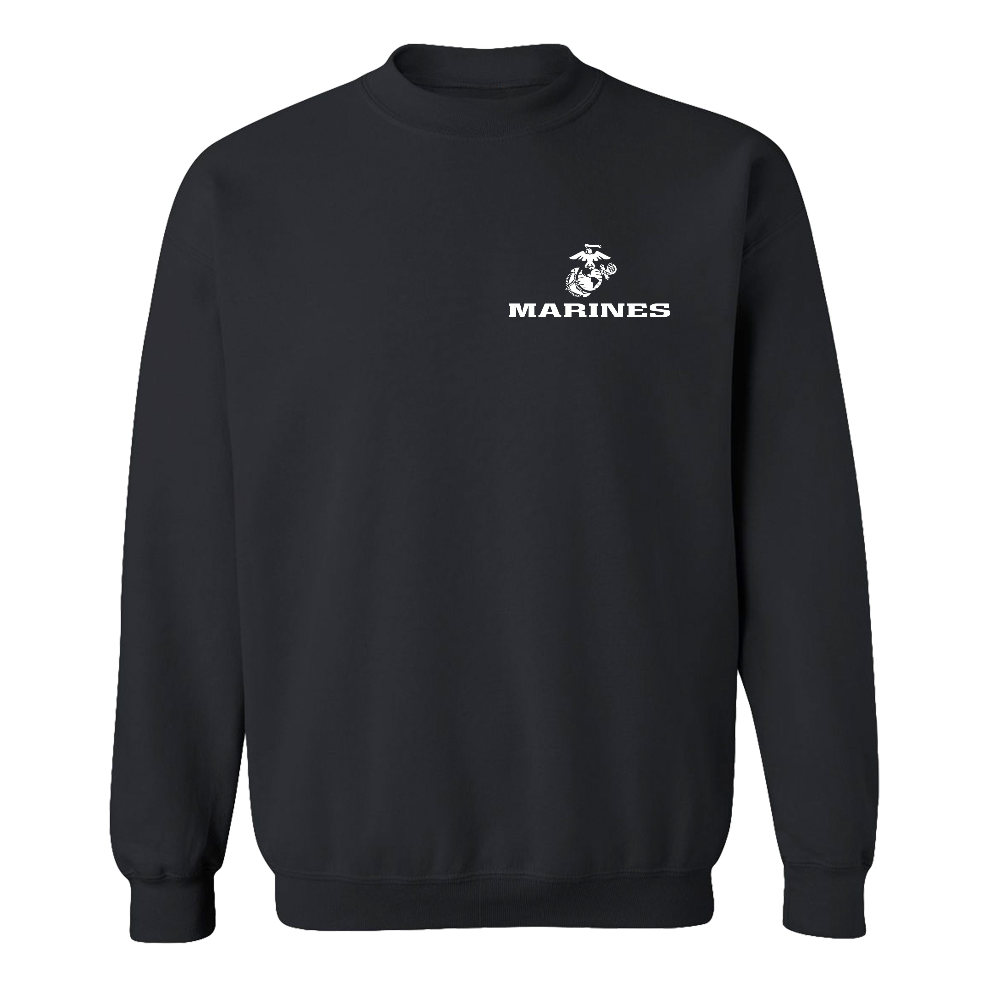 Black USMC sweatshirt with Eagle Globe Anchor chest seal and MARINES text